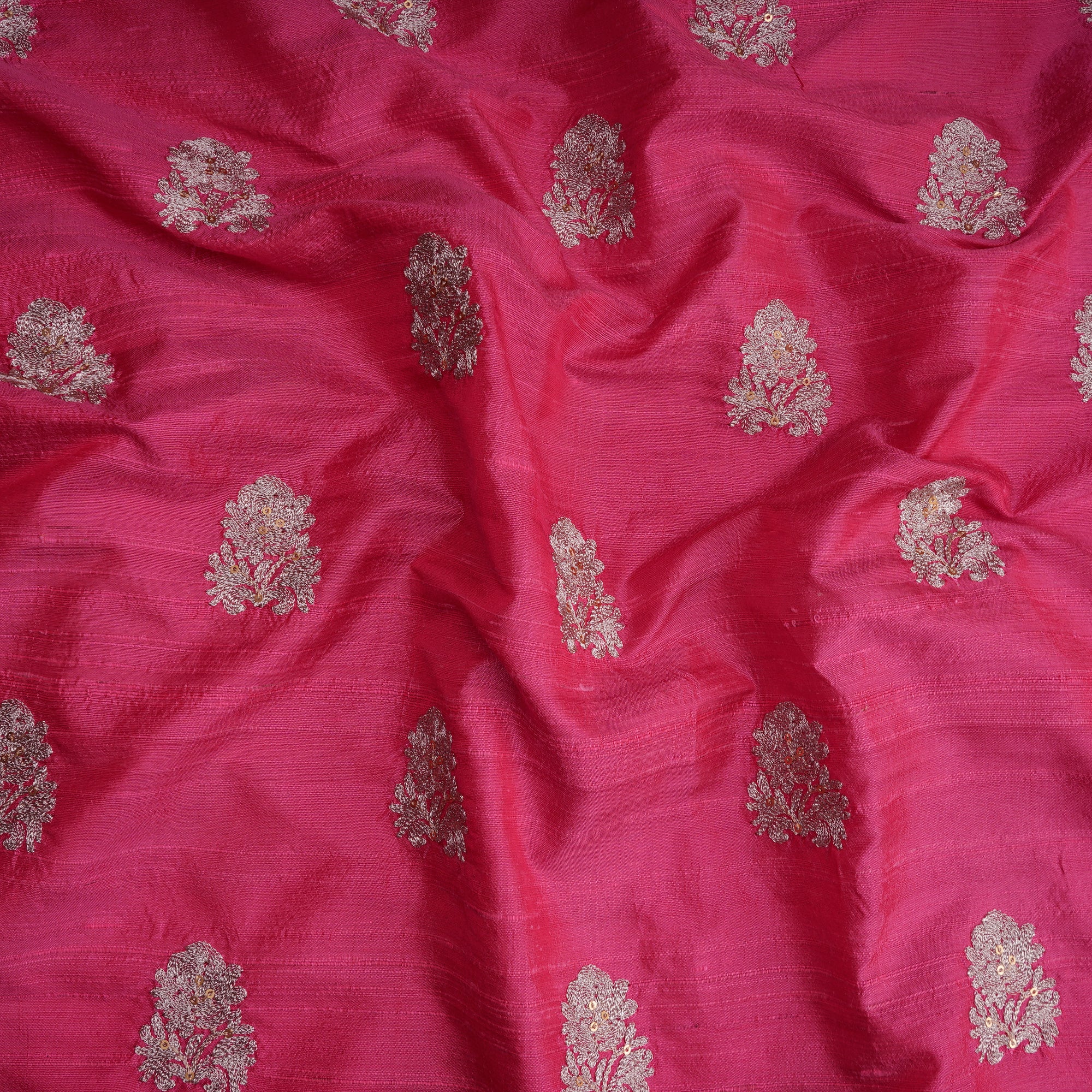 Pink Color Embroidered Dupion Silk Fabric