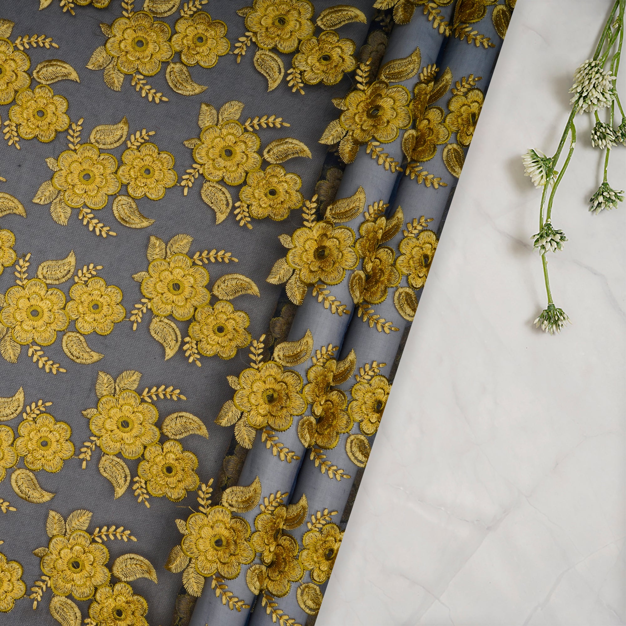 Blue-Yellow Color Embroidered Silk Fabric