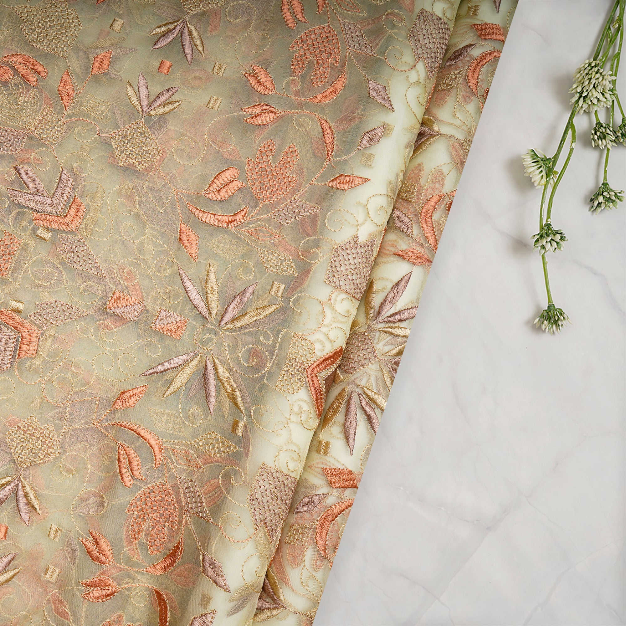 White Jade All Over Pattern Thraed Embroidered Organza Silk Fabric