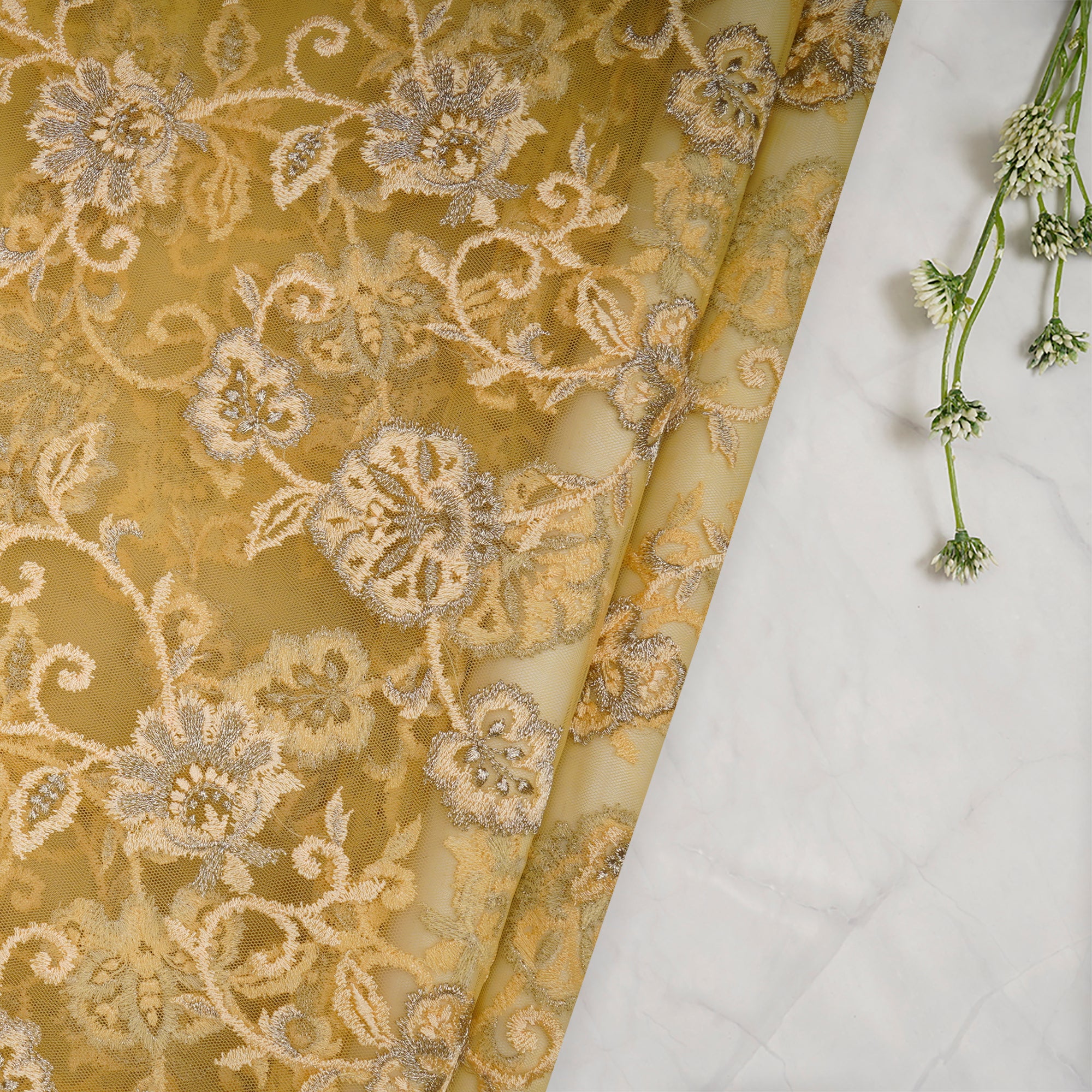 Gold Color Embroidered Nylon Net Fabric