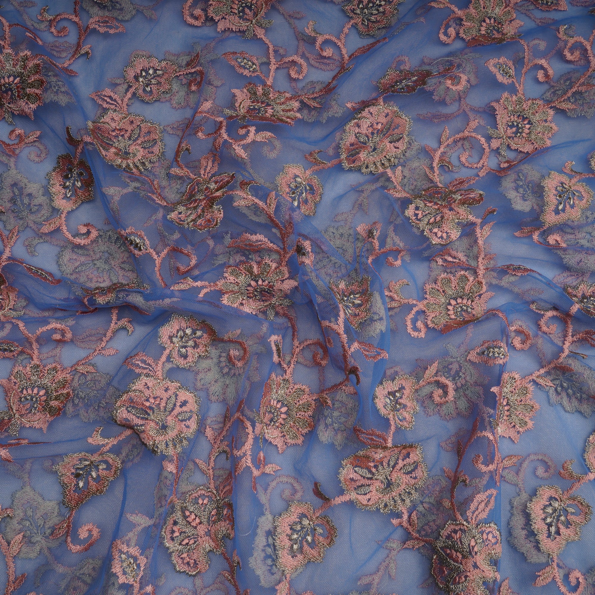 Blue Color Embroidered Nylon Net Fabric
