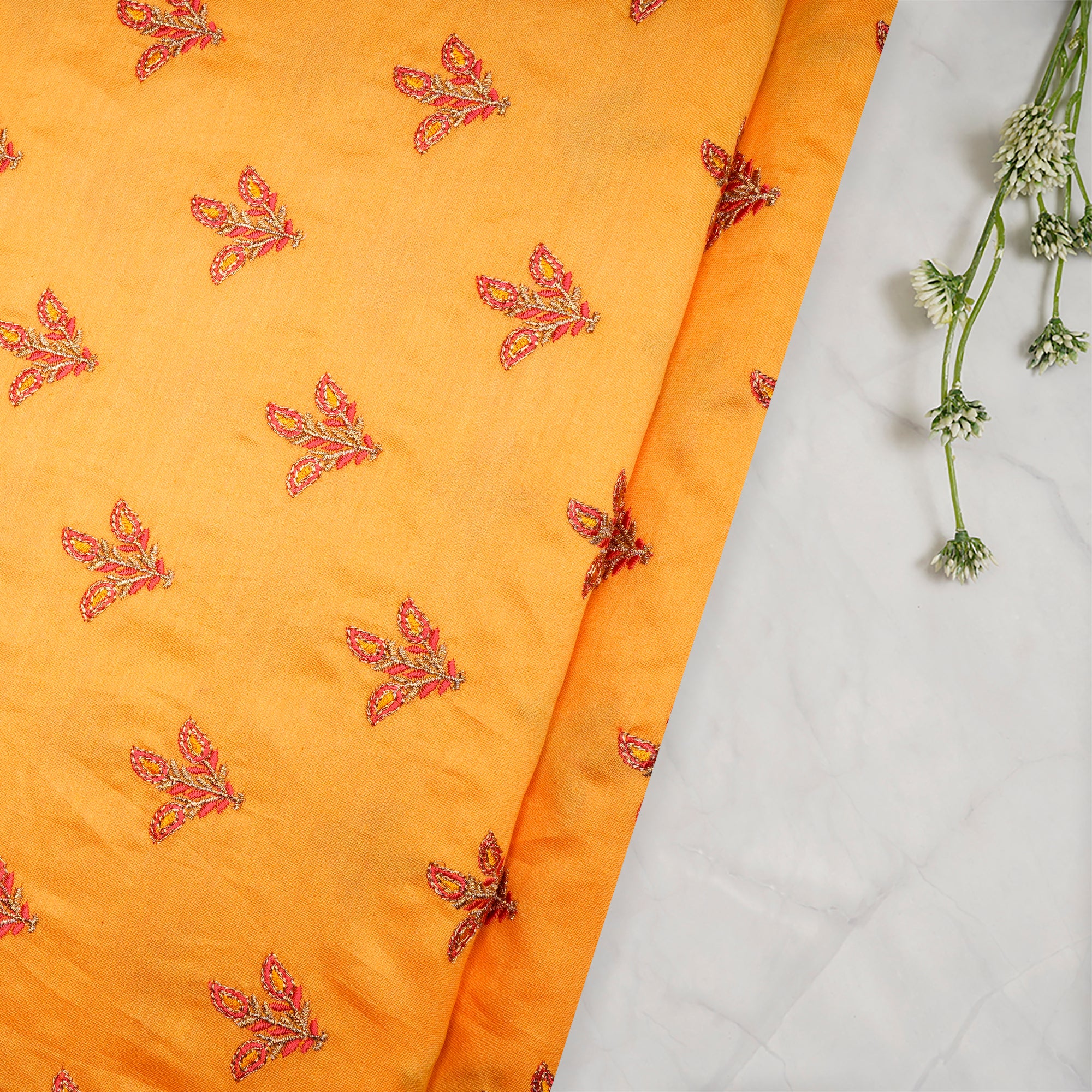 Mustard Booti Patern Thread Zari Embroidered Chanderi Fabric