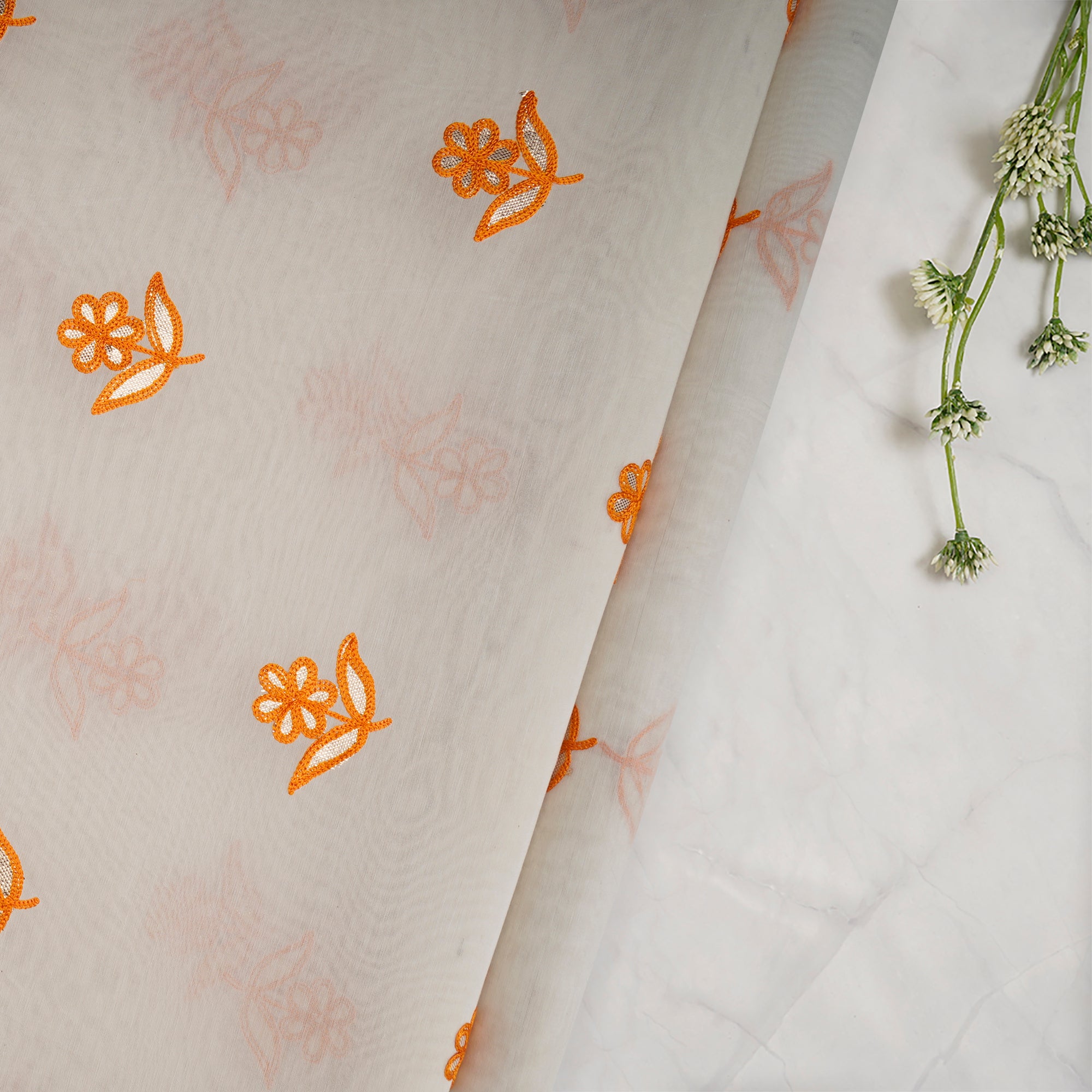 White-Mustard Color Embroidered Fine Chanderi Fabric