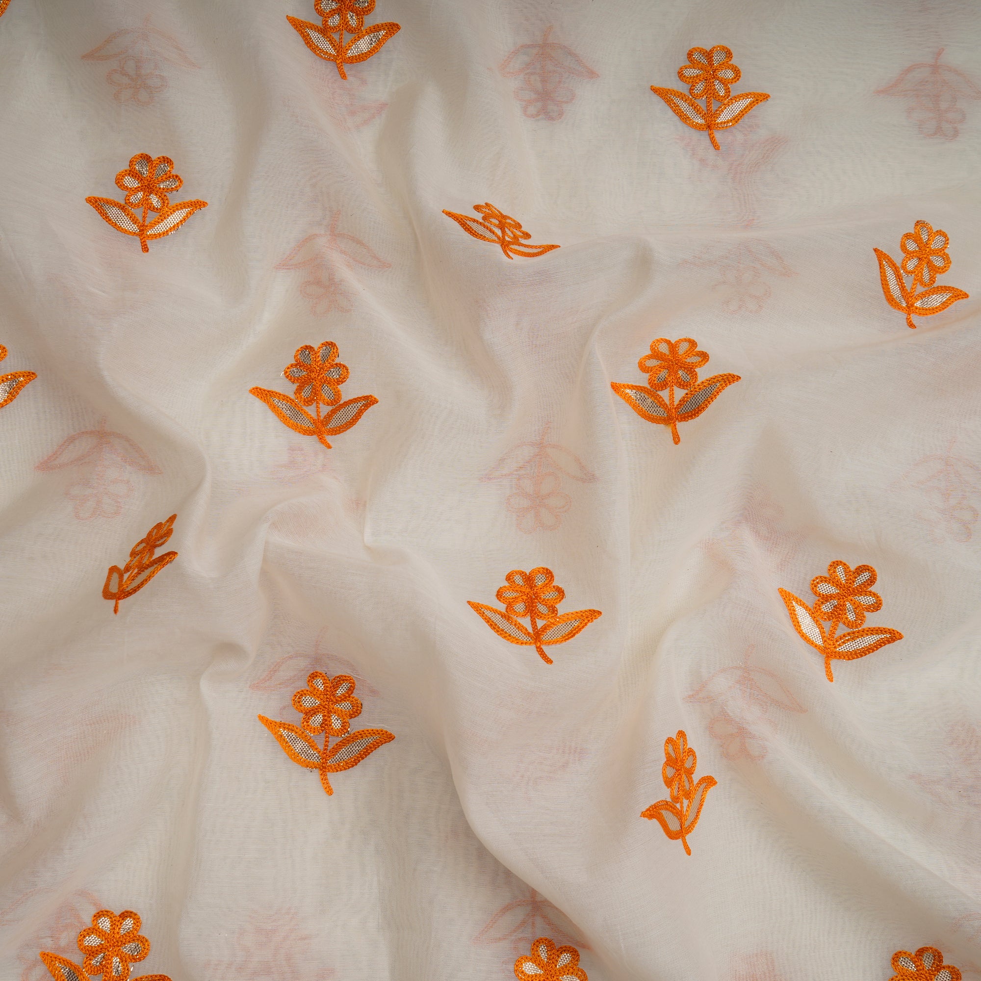 White-Mustard Color Embroidered Fine Chanderi Fabric