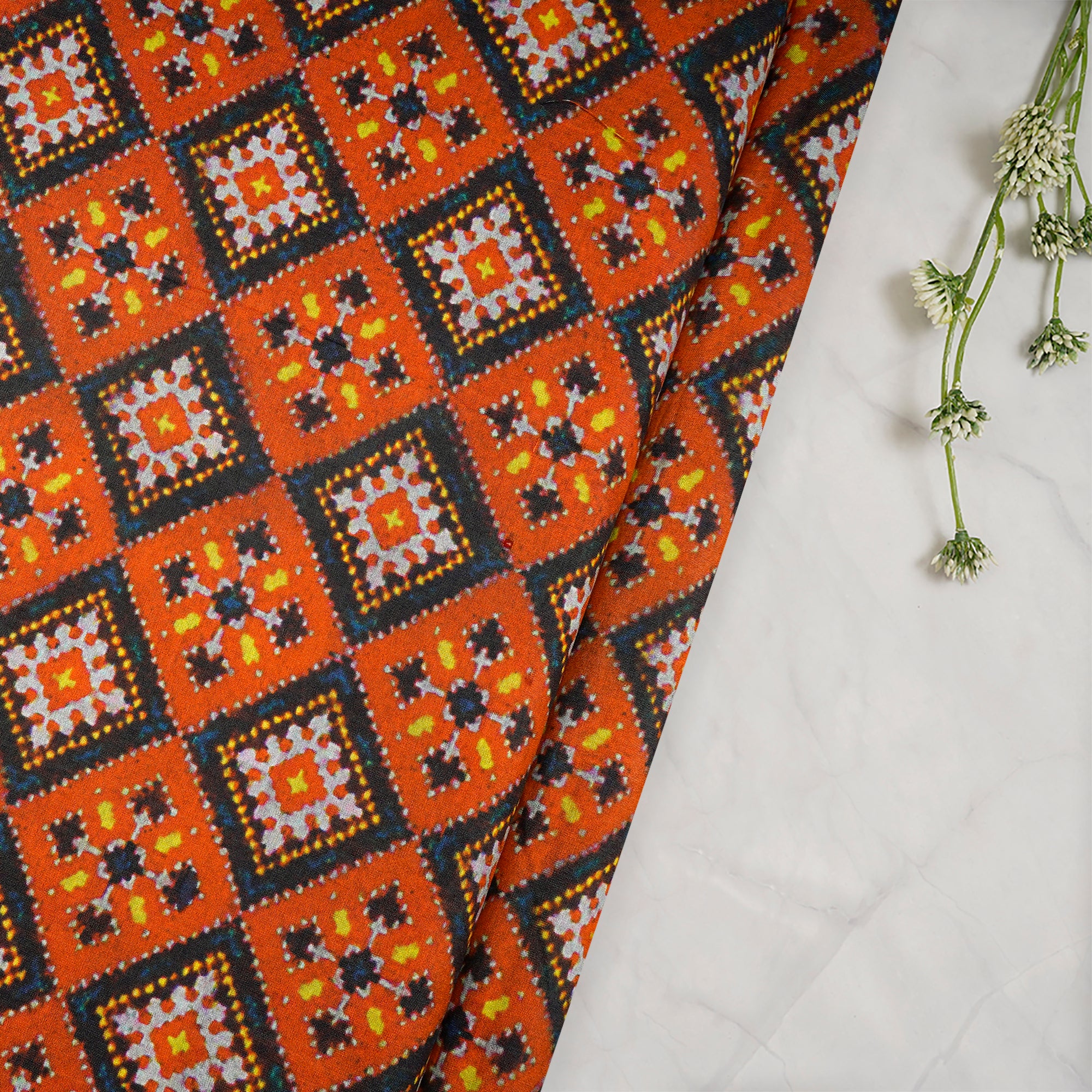 Burnt Orange Patola Pattern Digital Print Silk Fabric