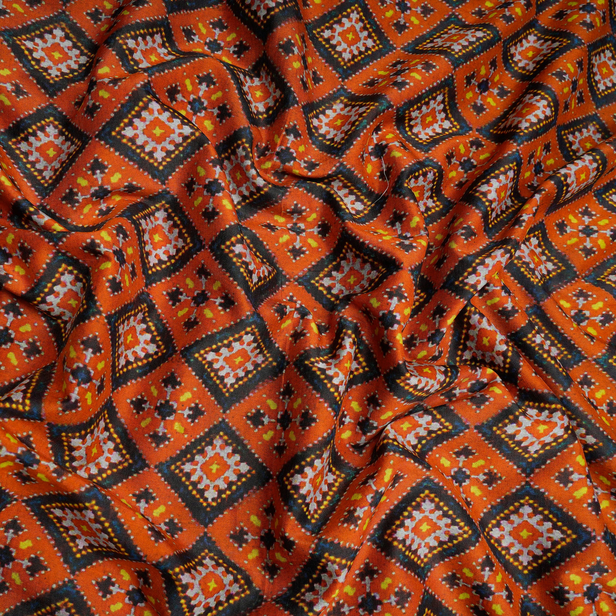 Burnt Orange Patola Pattern Digital Print Silk Fabric