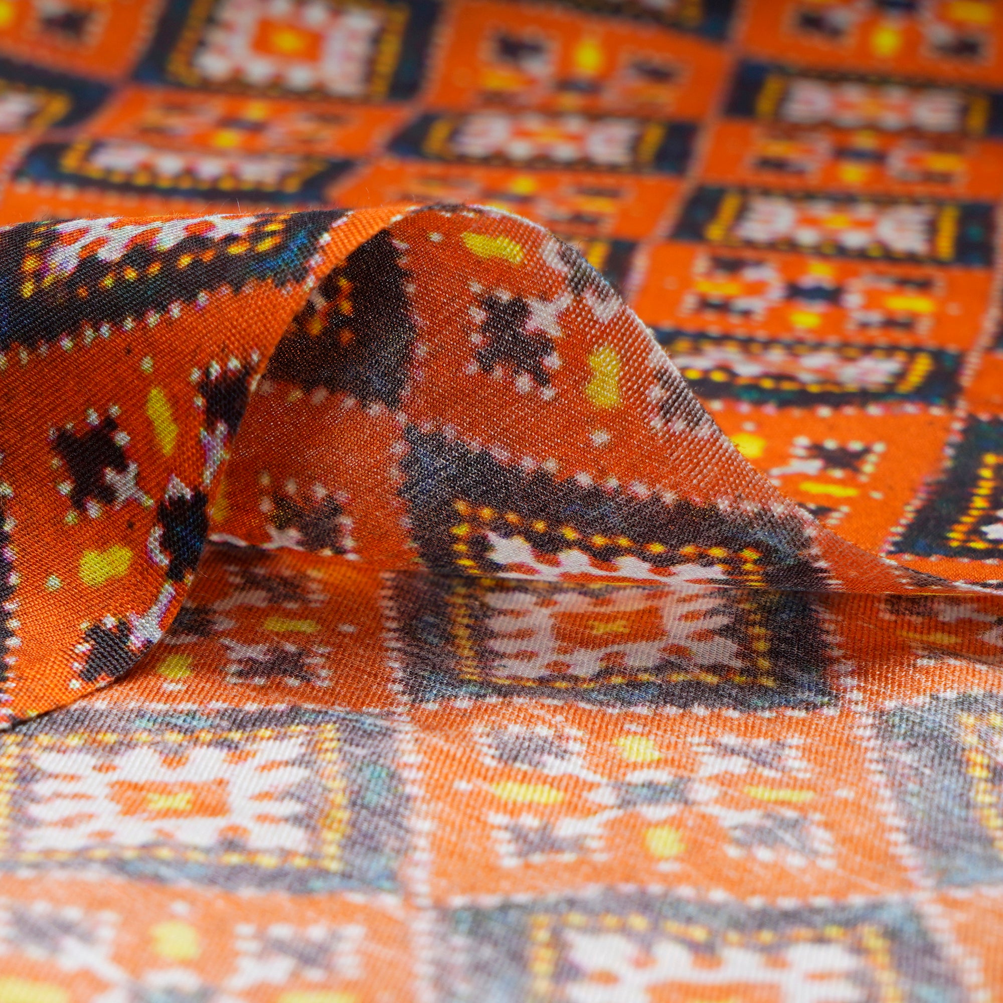Orange Patola Pattern Digital Print Silk Fabric