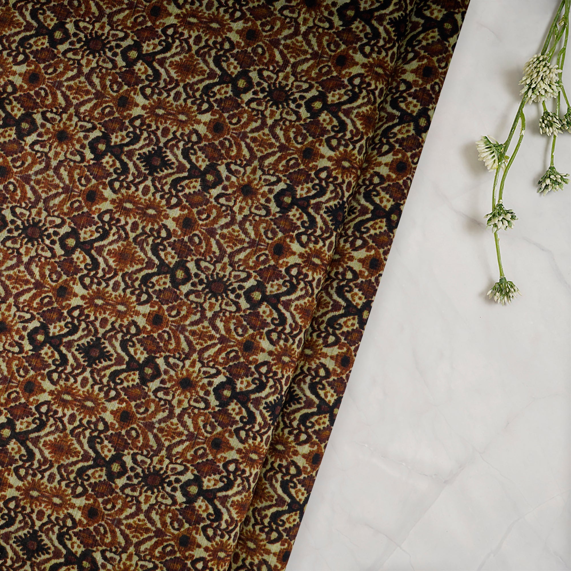 Brown-Pale Green Color Digital Printed Linen Silk Fabric