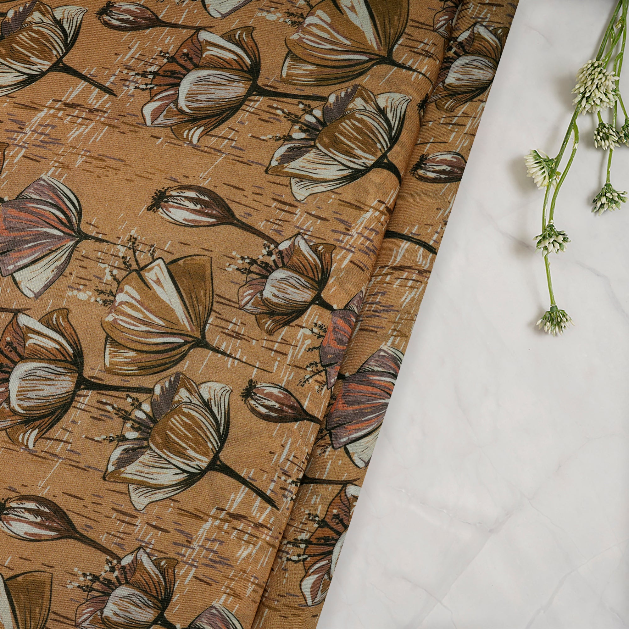 Beige Floral Pattern Digital Print Bemberg Modal Fabric