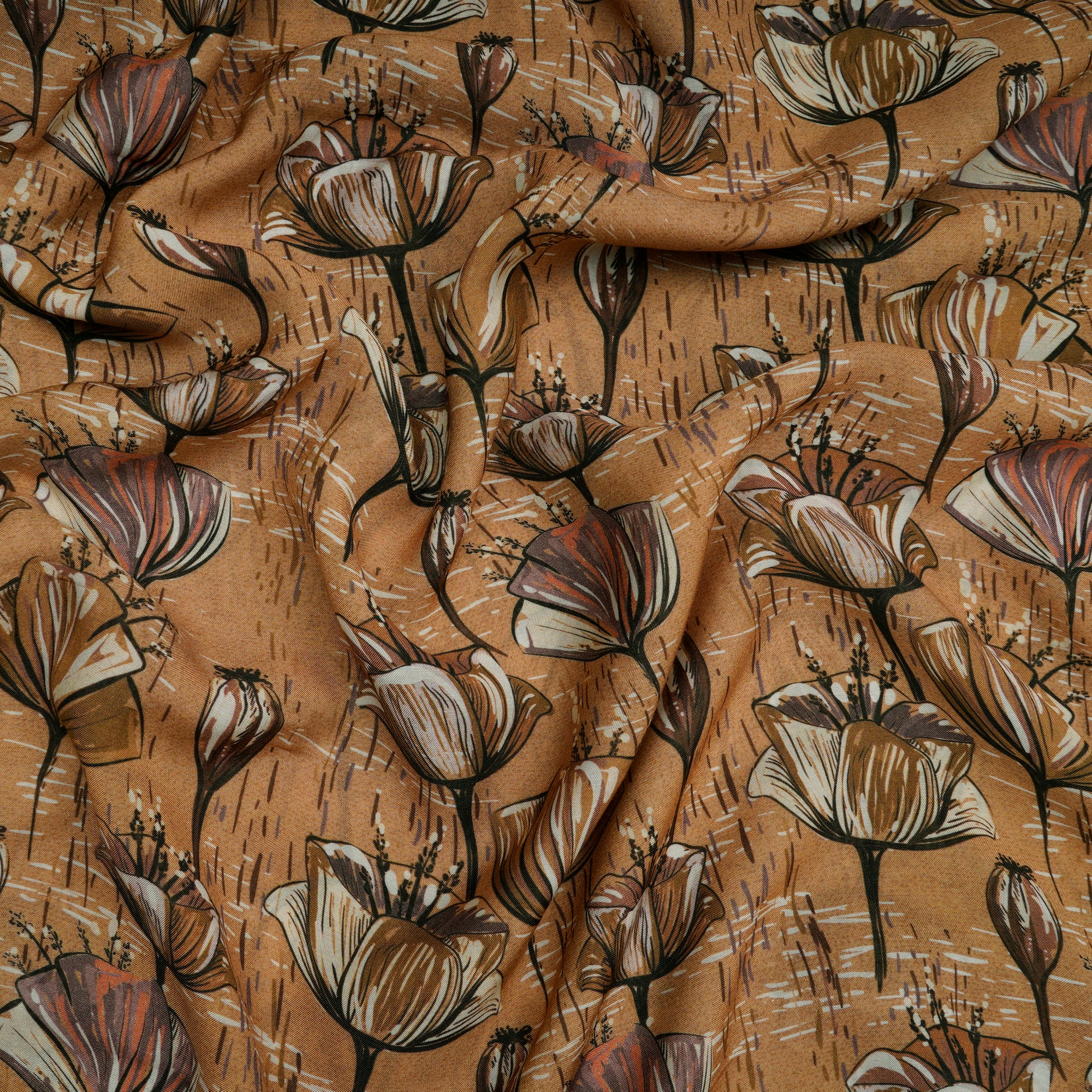 Beige Floral Pattern Digital Print Bemberg Modal Fabric