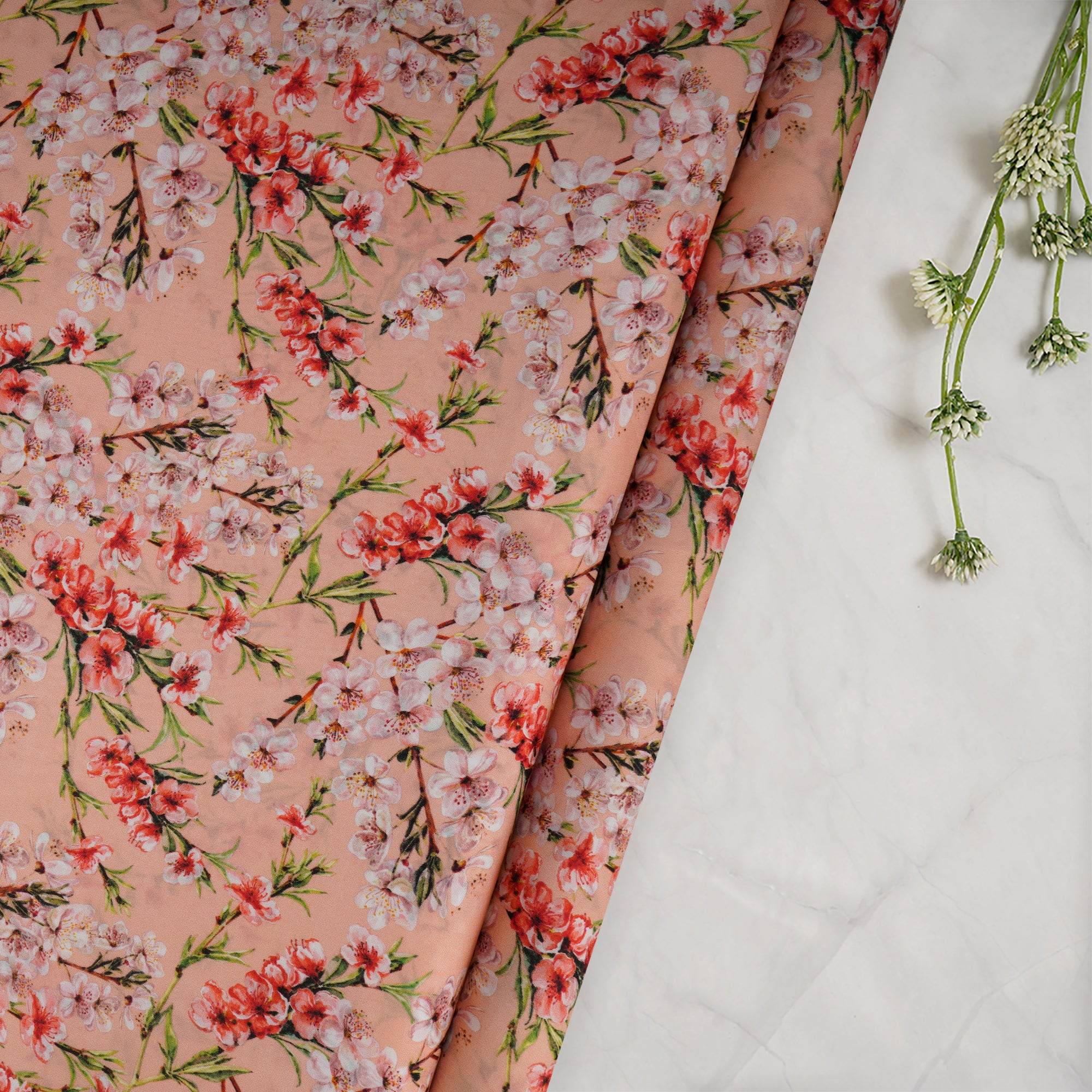 Peach Color Digital Printed Bemberg Satin Fabric