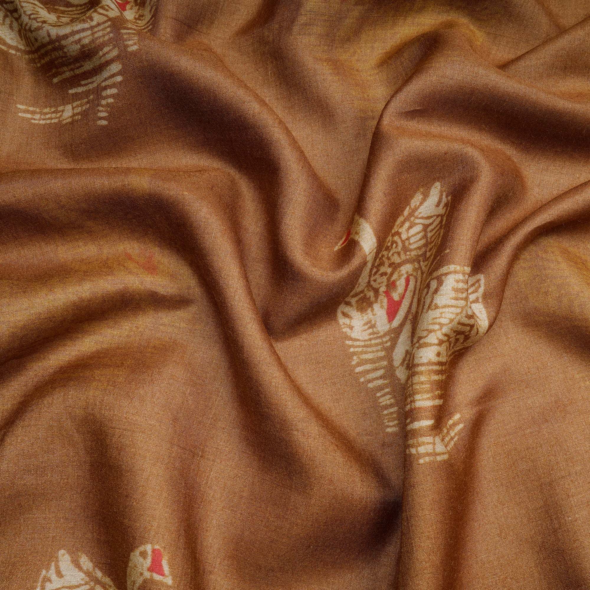 Golden Brown Motif Pattern Digital Print Tusser Muga Fabric