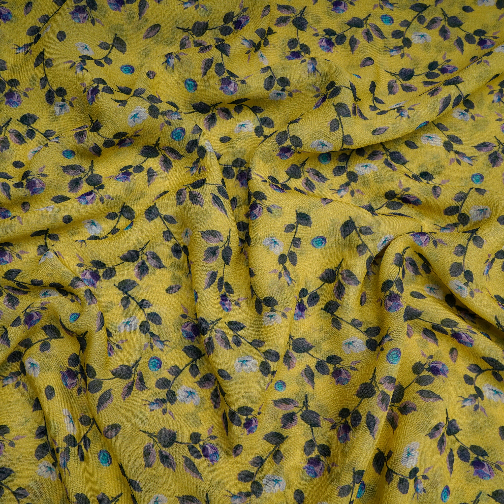 Yellow Floral Pattern Digital Print Wrinkle Cotton Fabric