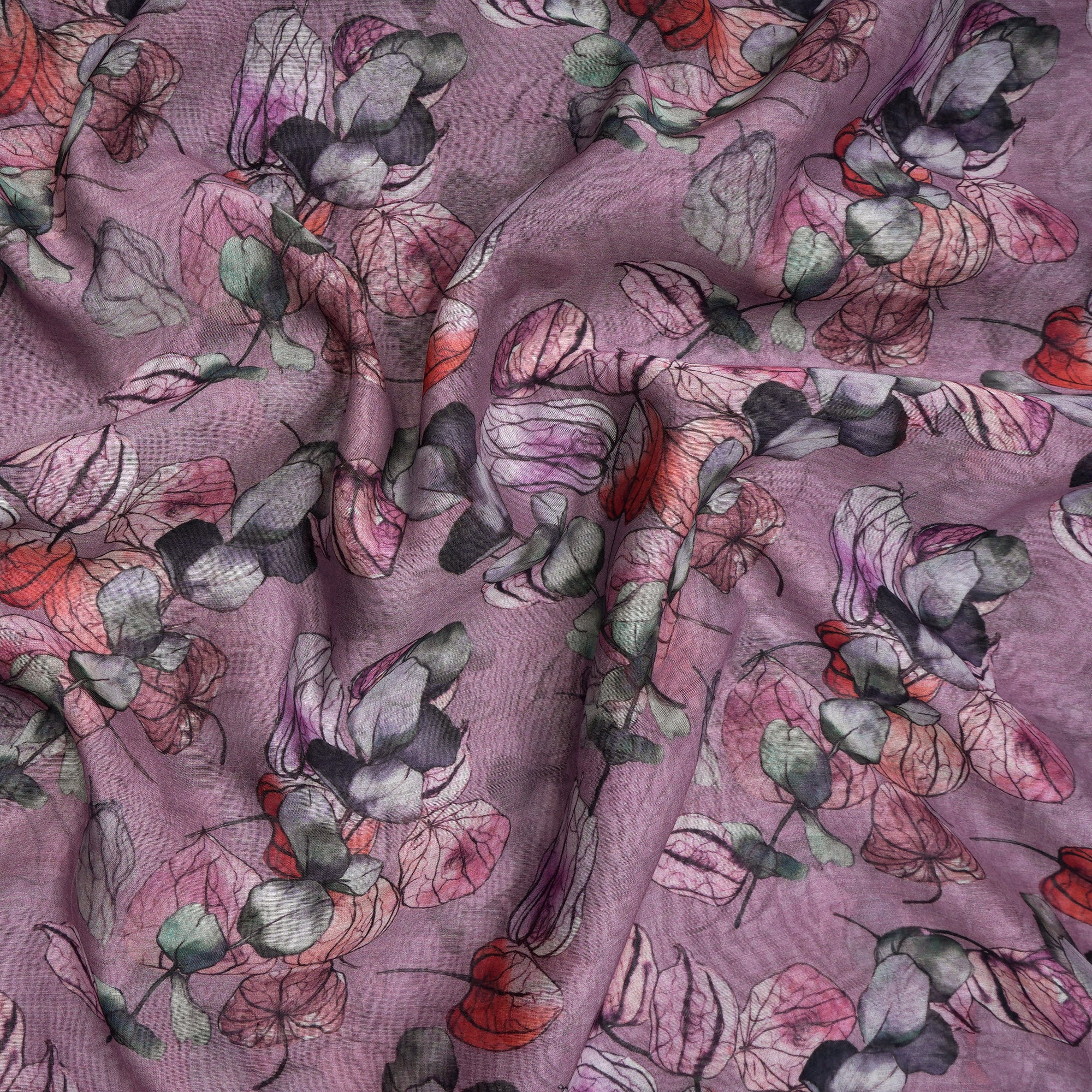 Mauve Shadows Floral Pattern Digital Print Fine Mul Chanderi Fabric