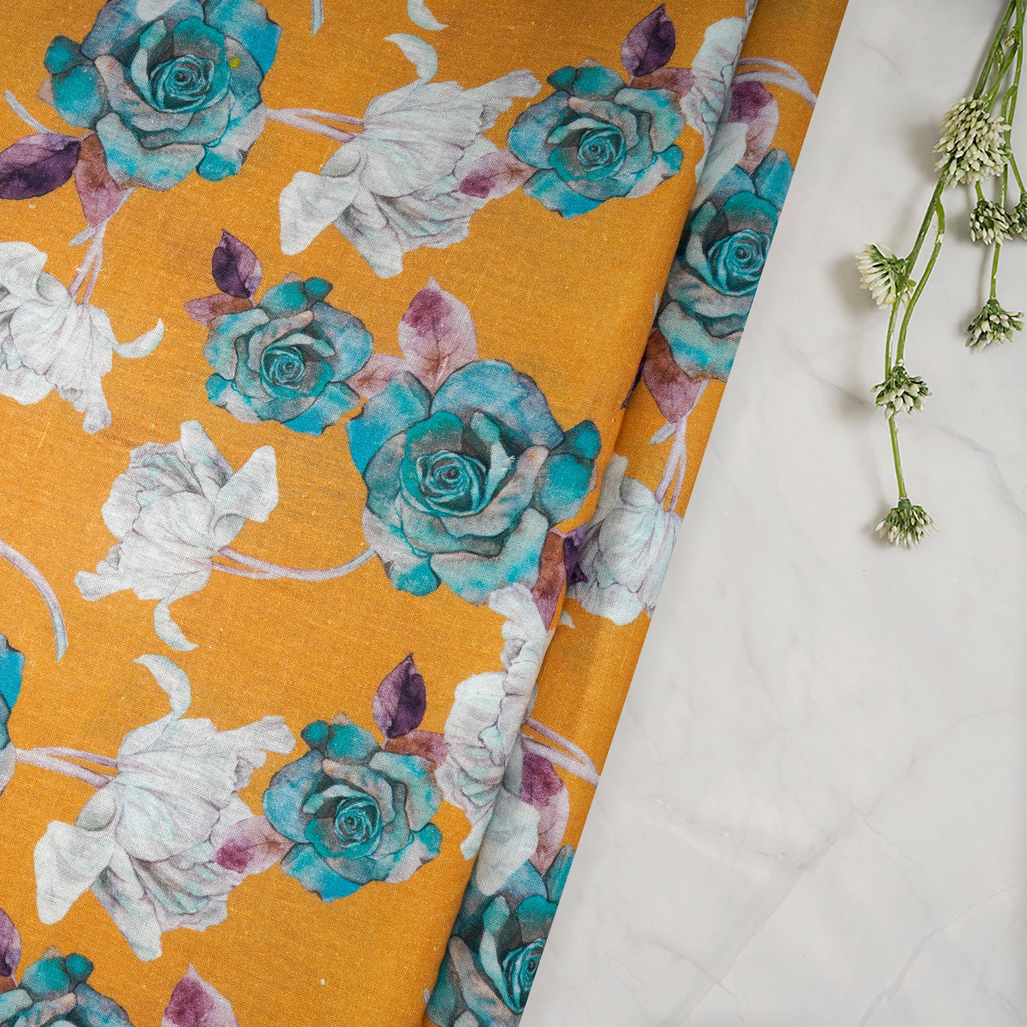 Golden Glow Floral Pattern Digital Print Handwoven Muslin Cotton Fabric