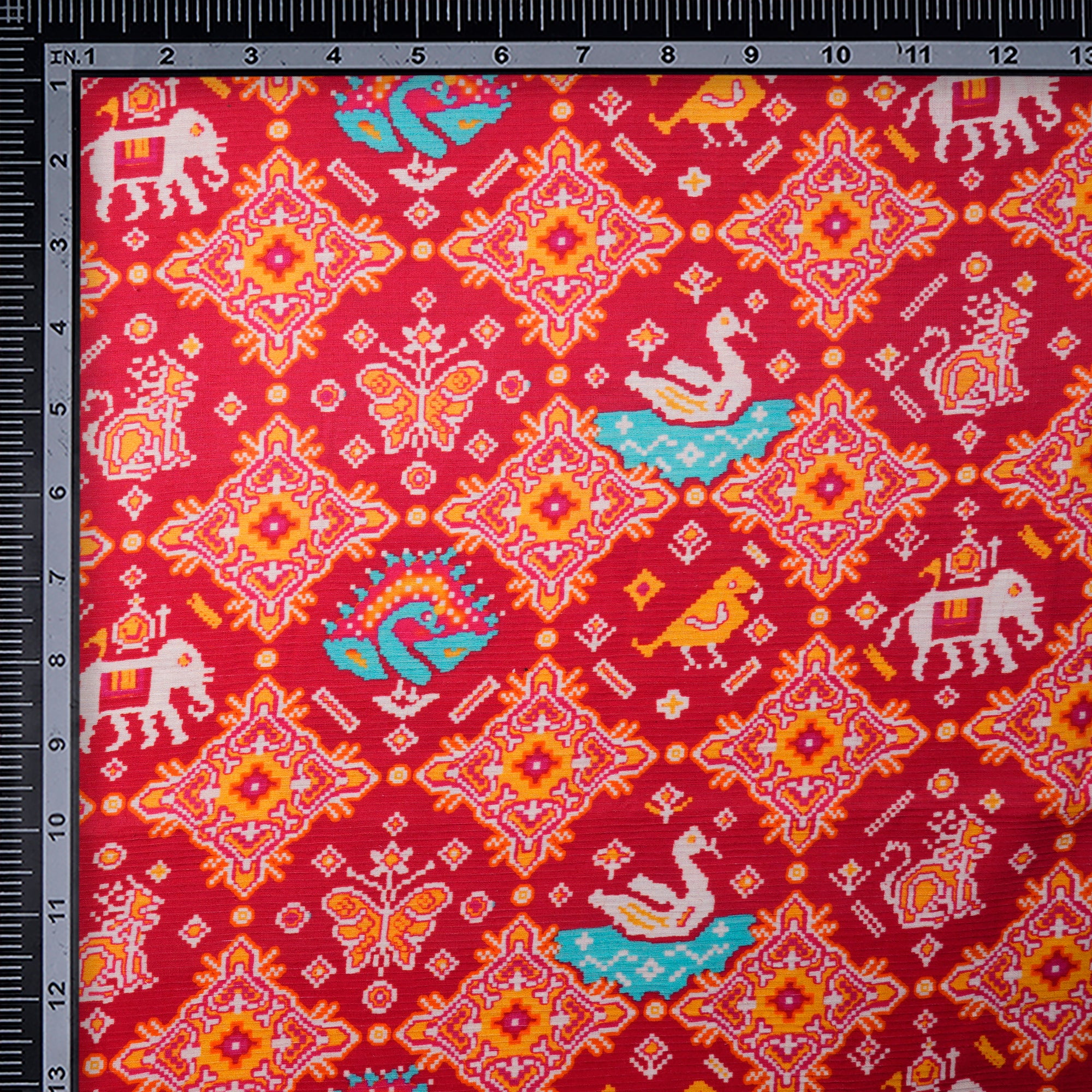 Dark Pink-Yellow Patola Pattern Digital Print Fancy Linen Fabric
