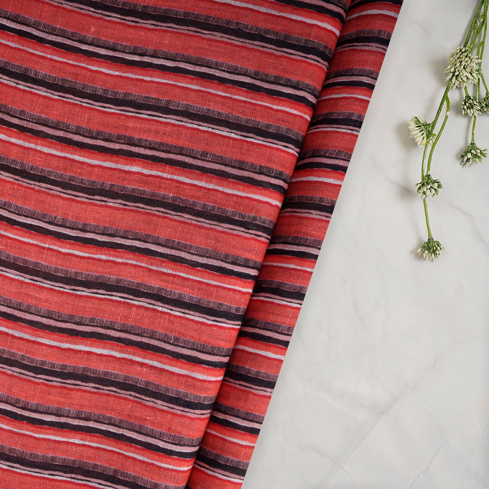 Salmon-Black Color Digital Printed Striped Pattern Premium Linen Fabric