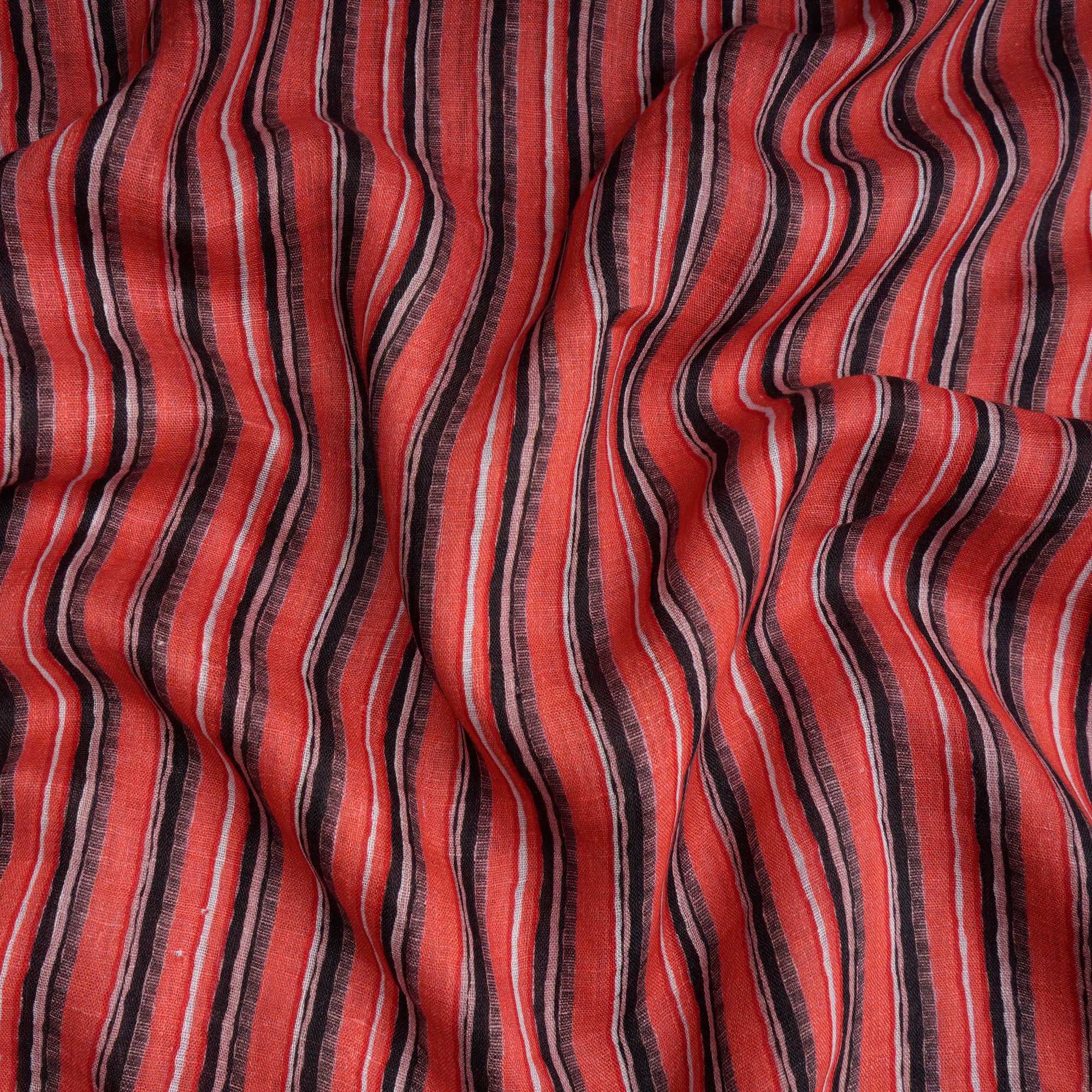 Salmon-Black Color Digital Printed Striped Pattern Premium Linen Fabric