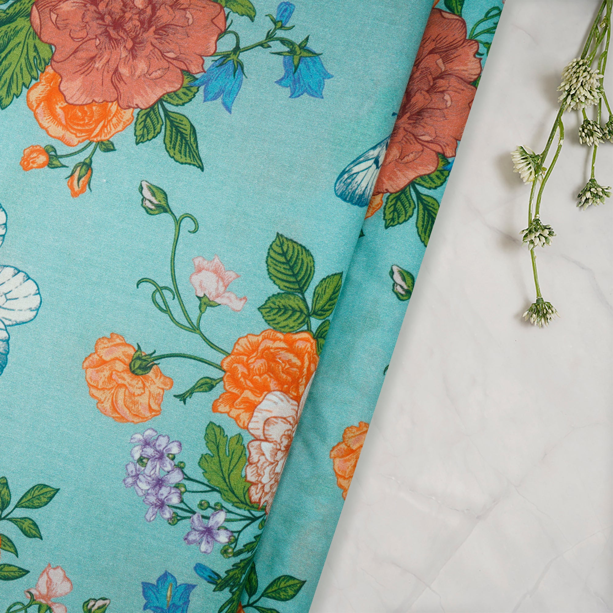 Sky Blue Floral Pattern Digital Print Cambric Fabric
