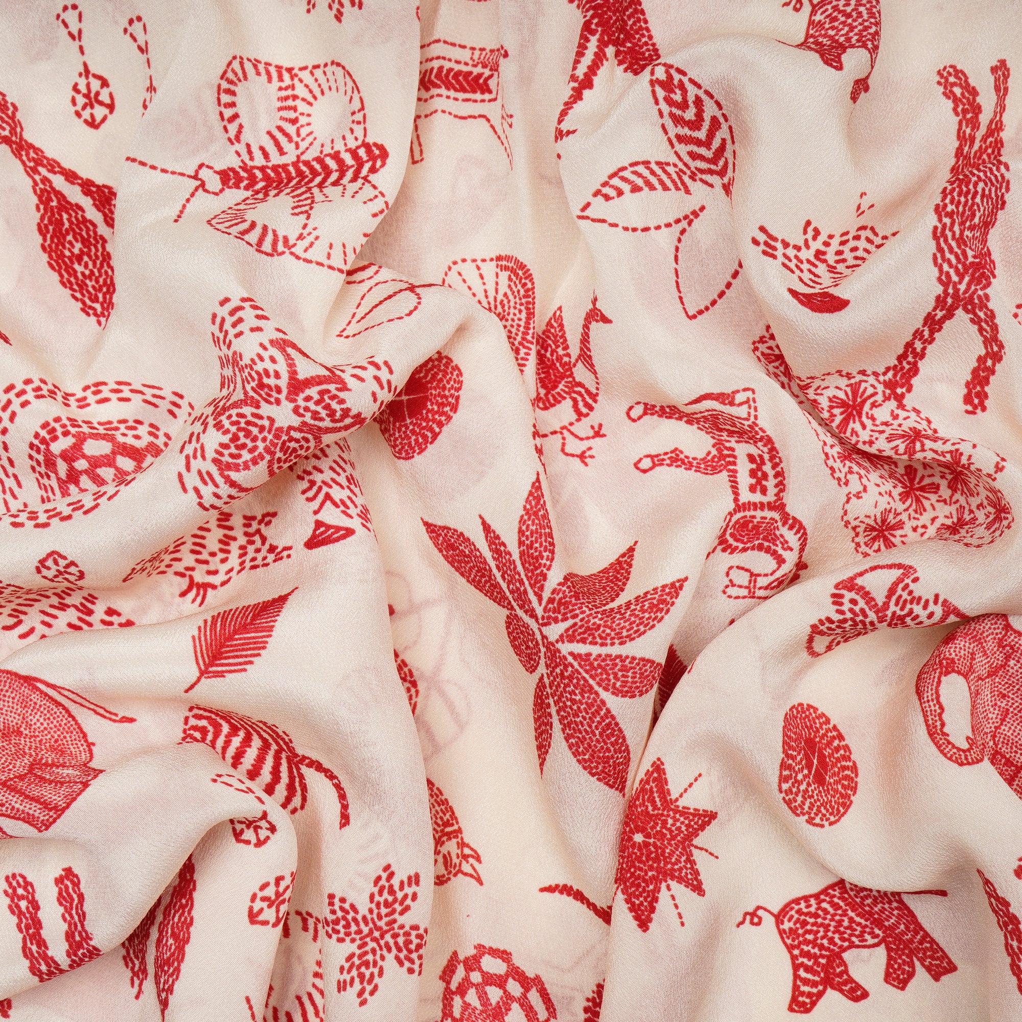Off White-Red Animal Pattern Digital Print Pure Crepe Silk Fabric