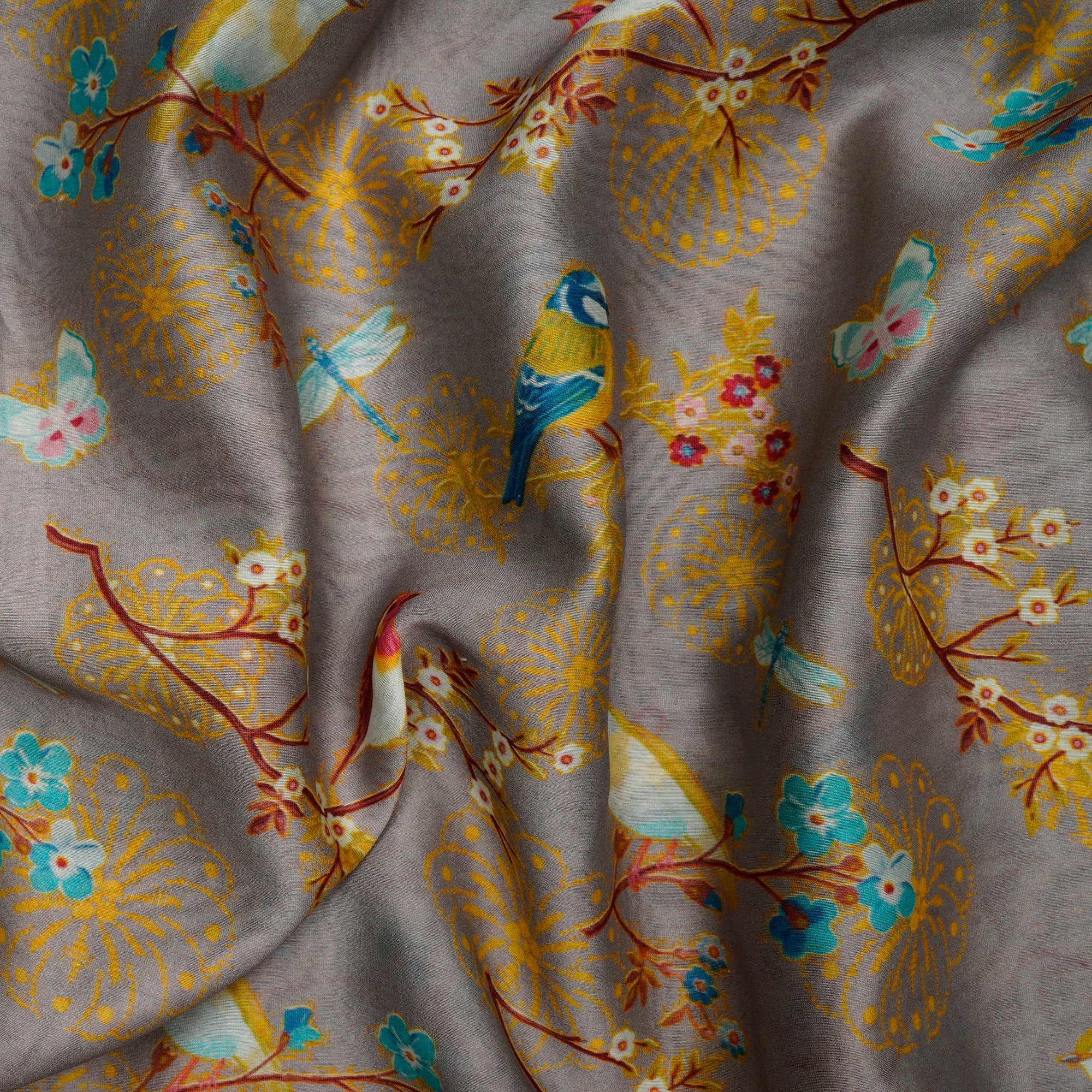 Grey Floral Pattern Digital Print Chanderi Fabric