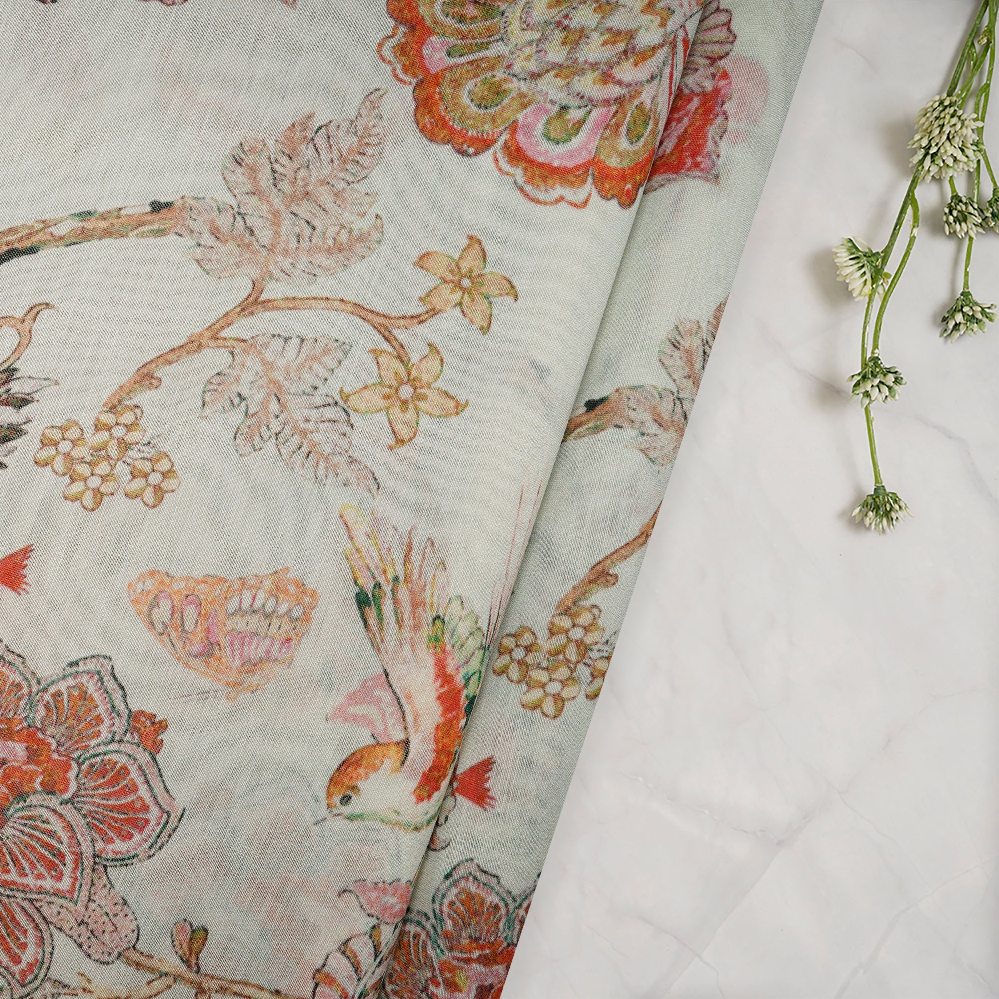 Whisper Green Floral Pattern Digital Print Chanderi Fabric