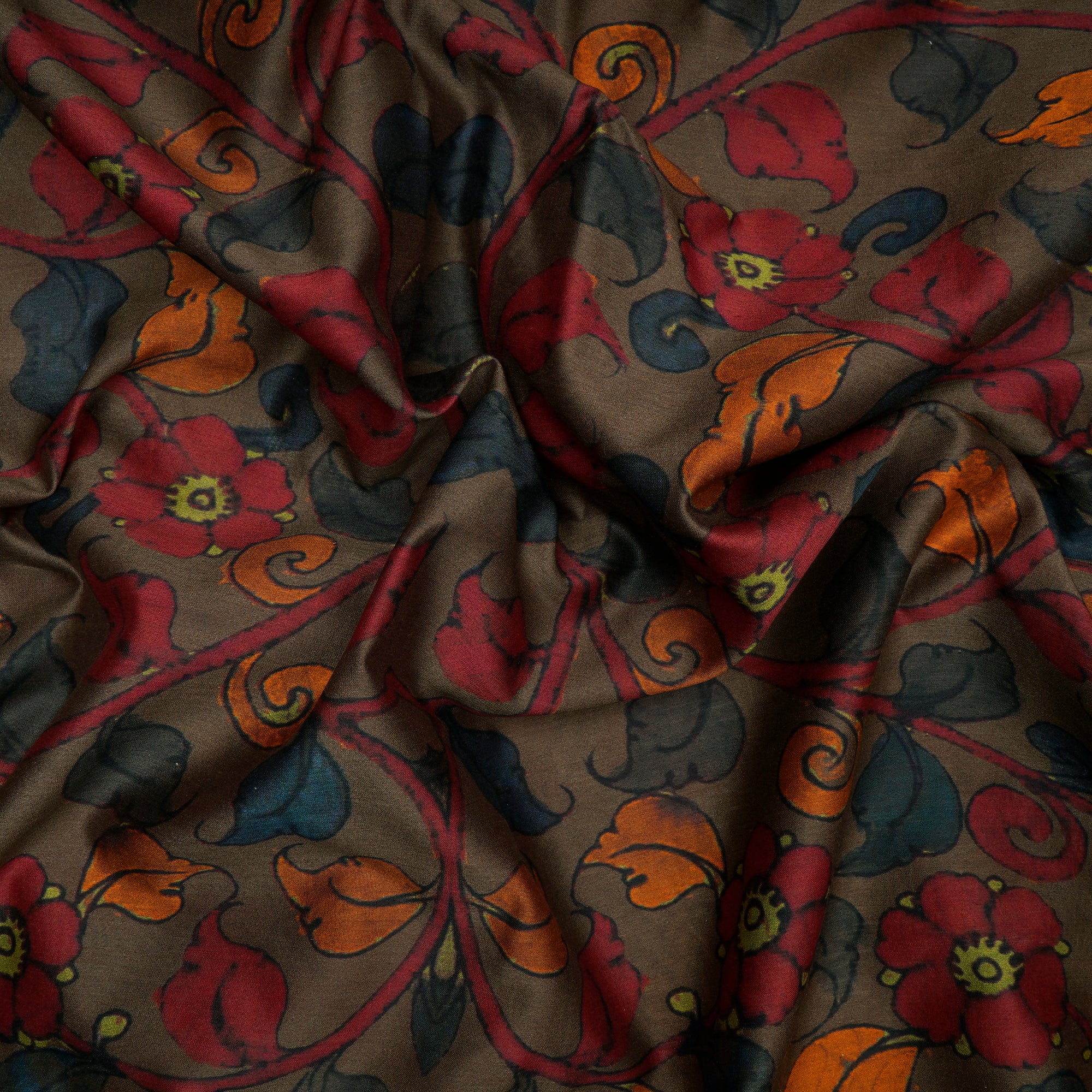 Dark Olive Floral Pattern Digital Print Chanderi Fabric
