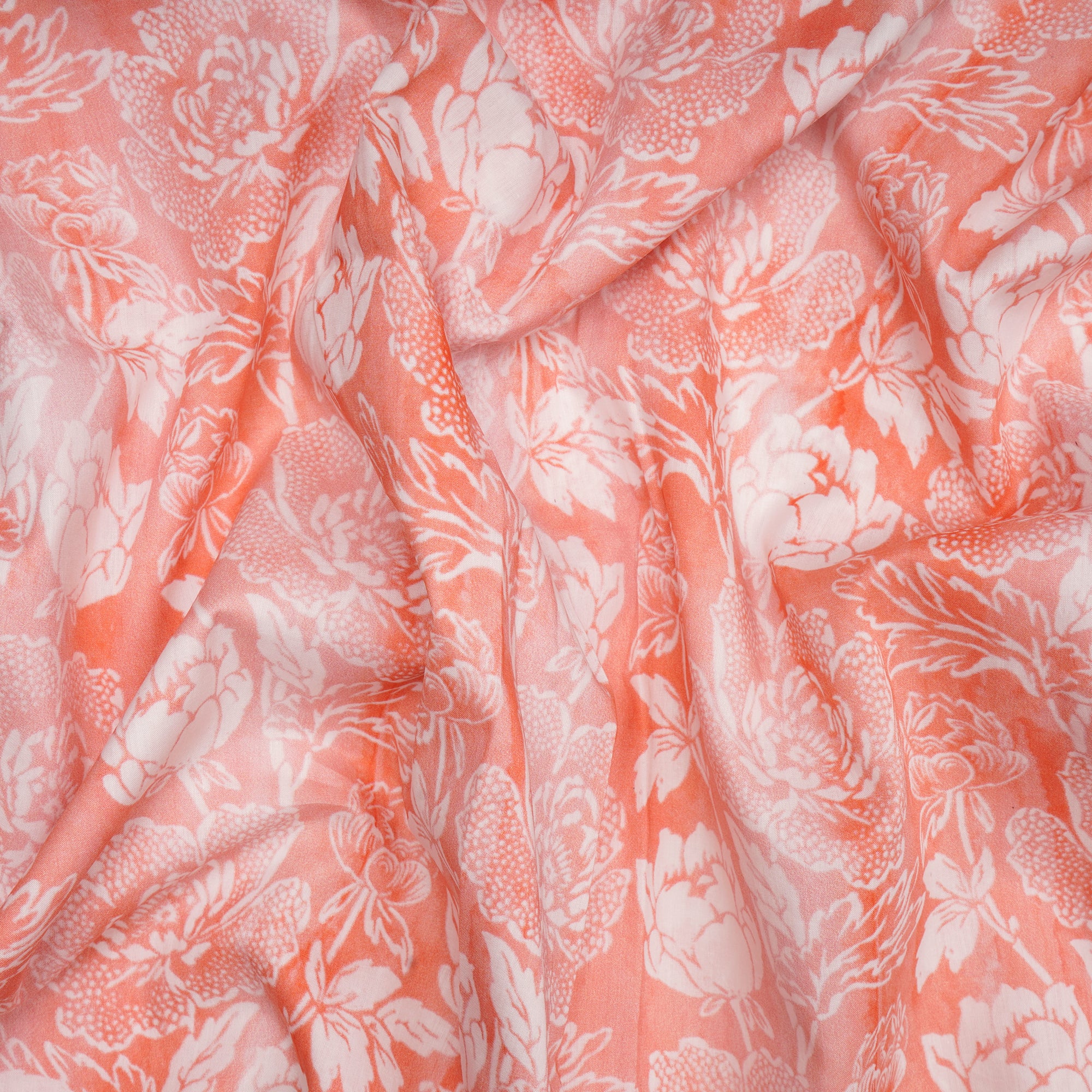 Peach Floral Pattern Digital Print Lawn Cotton Fabric
