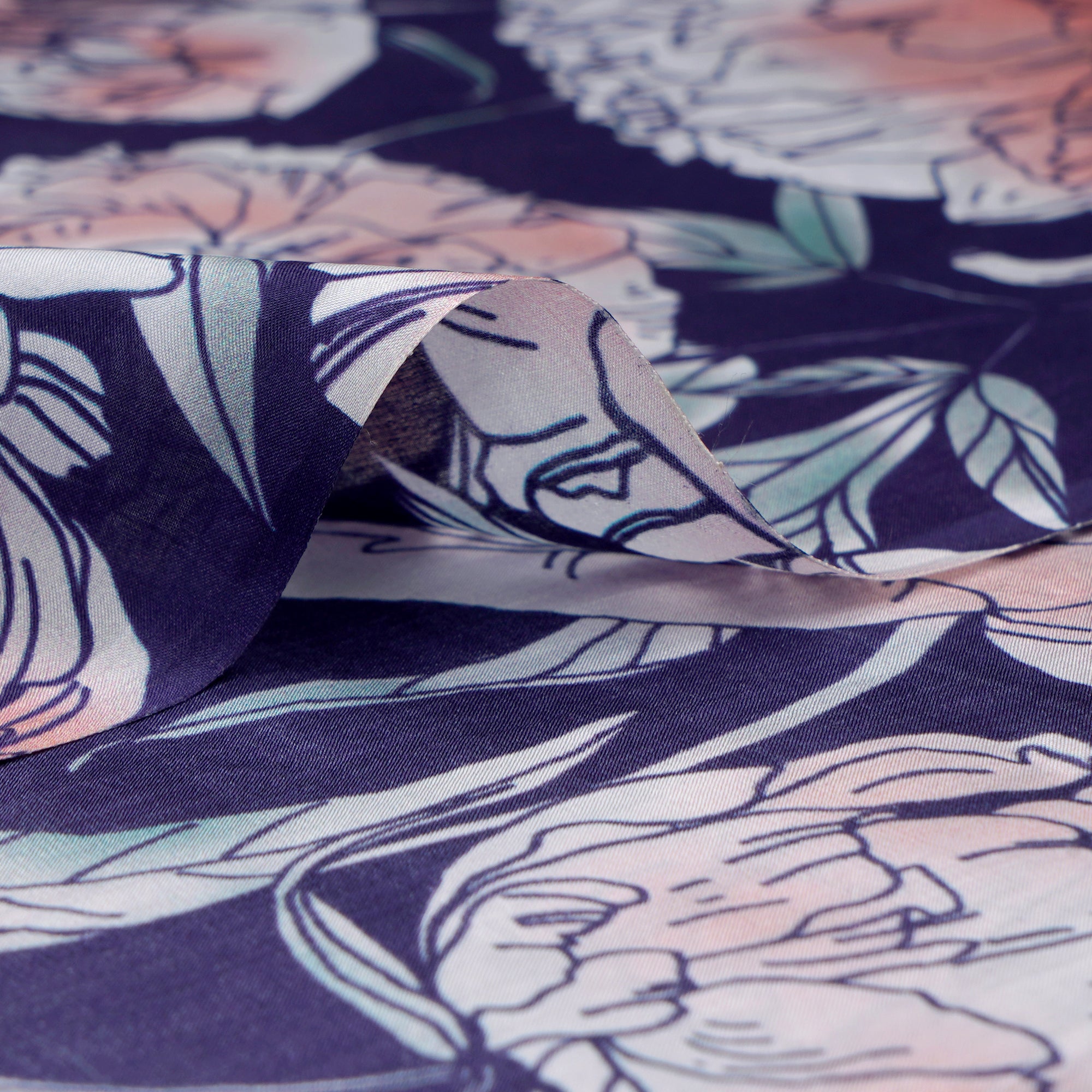 Navy Blue Floral Pattern Digital Print Plain Silk Fabric
