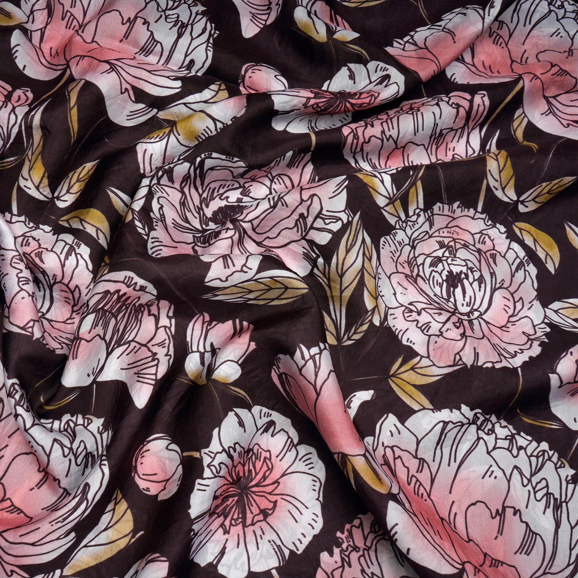 Brown Floral Pattern Digital Print Plain Silk Fabric