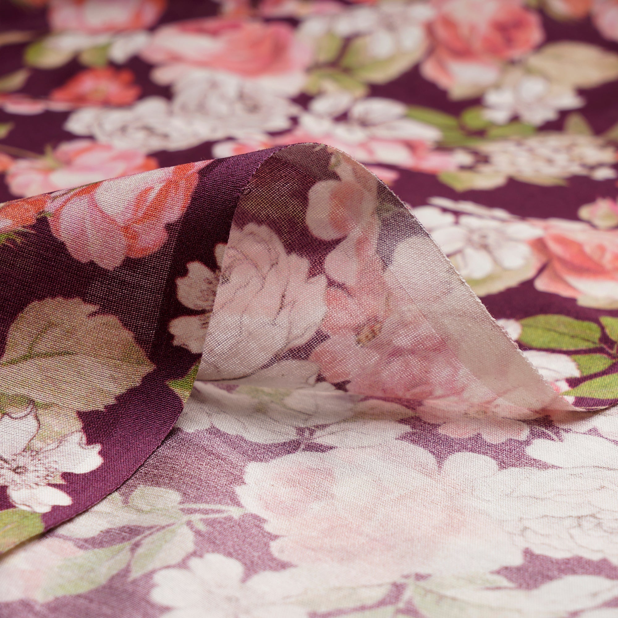 Crushed Berry Floral Pattern Digital Print Chanderi Fabric