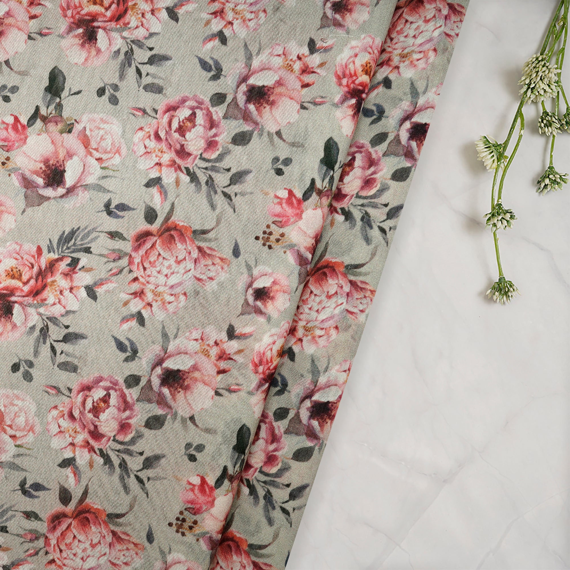 Mint Green Floral Pattern Digital Print Chanderi Fabric