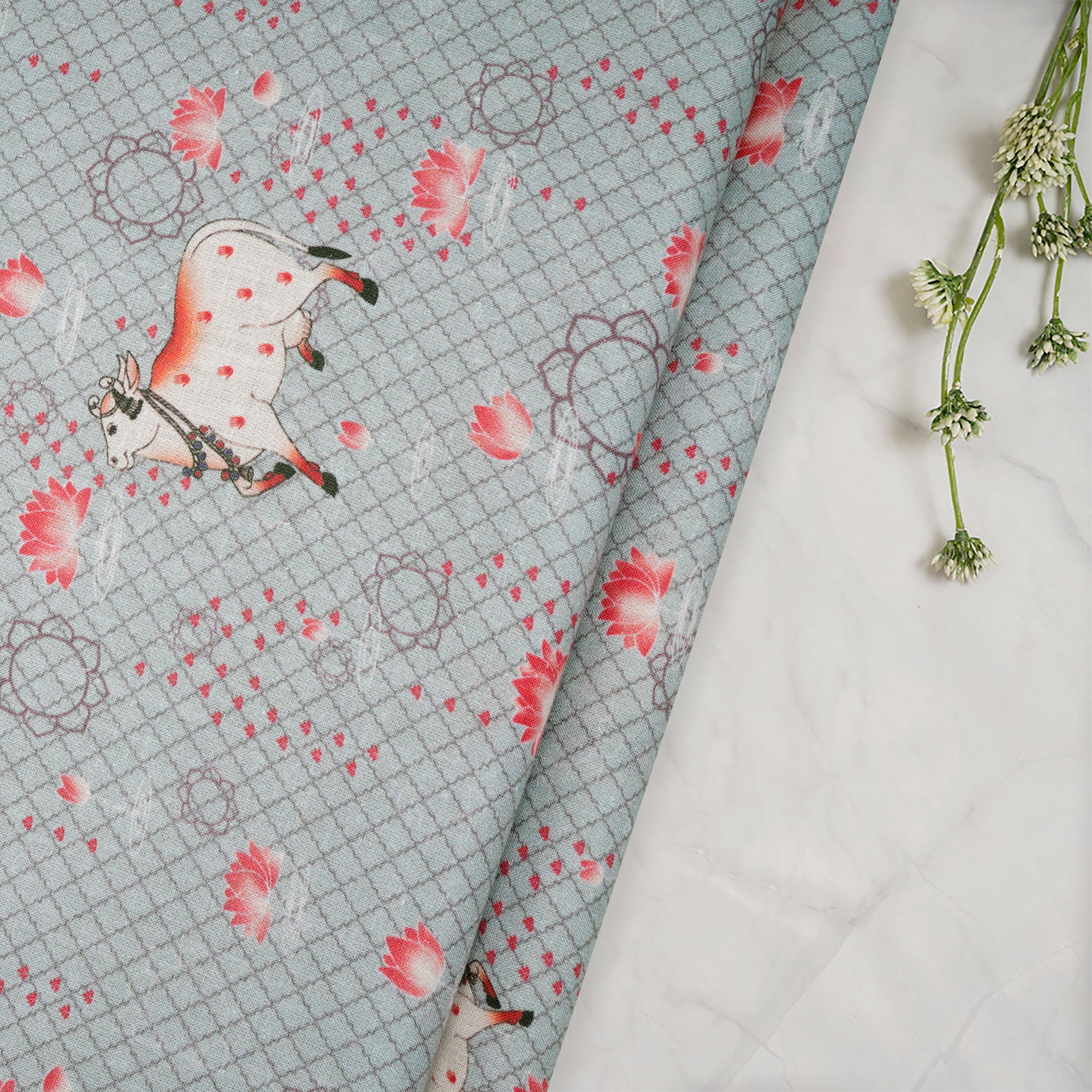 Sprout Green Pichwai Pattern Digital Print Linen Fabric