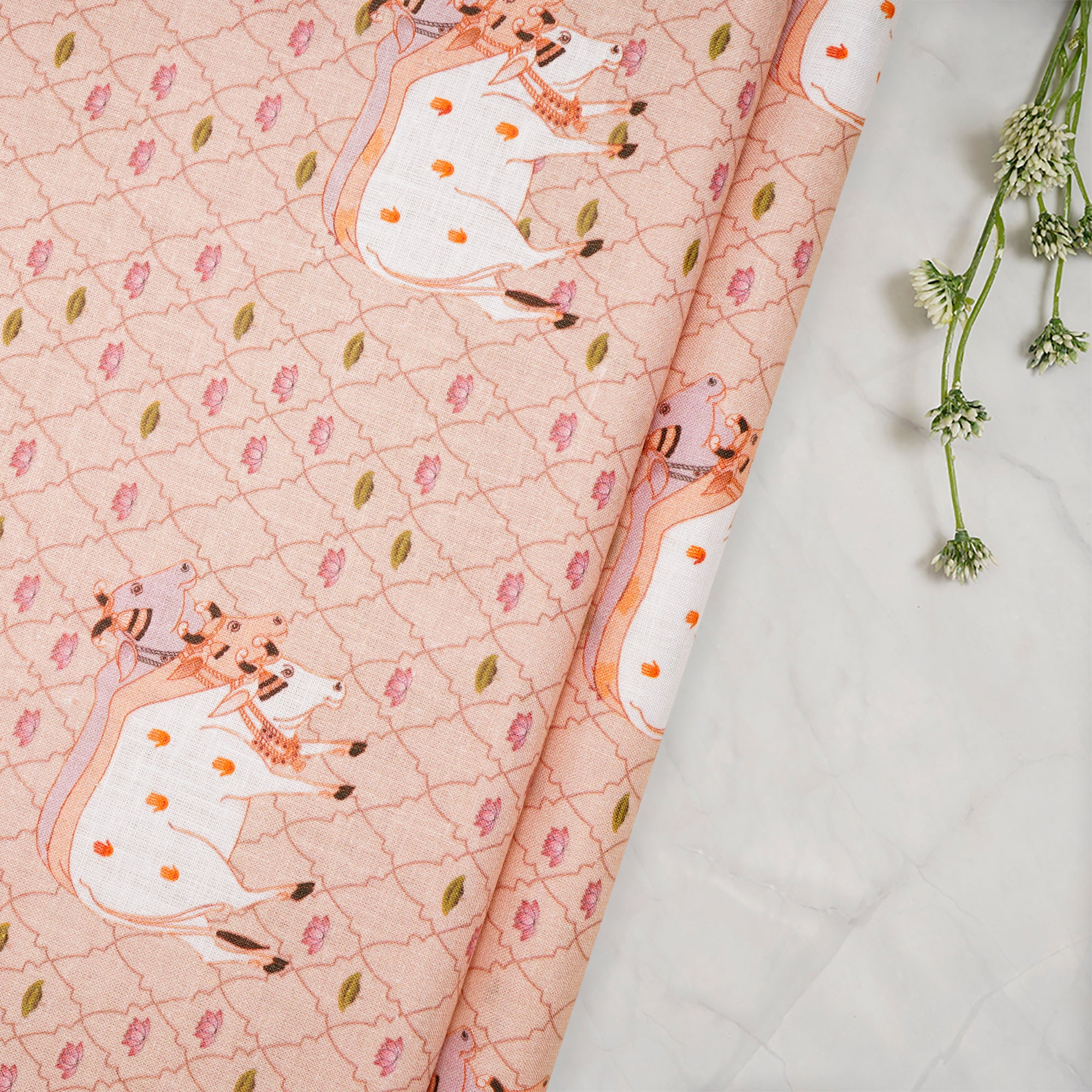 Peachy Keen Pichwai Pattern Digital Print Linen Fabric