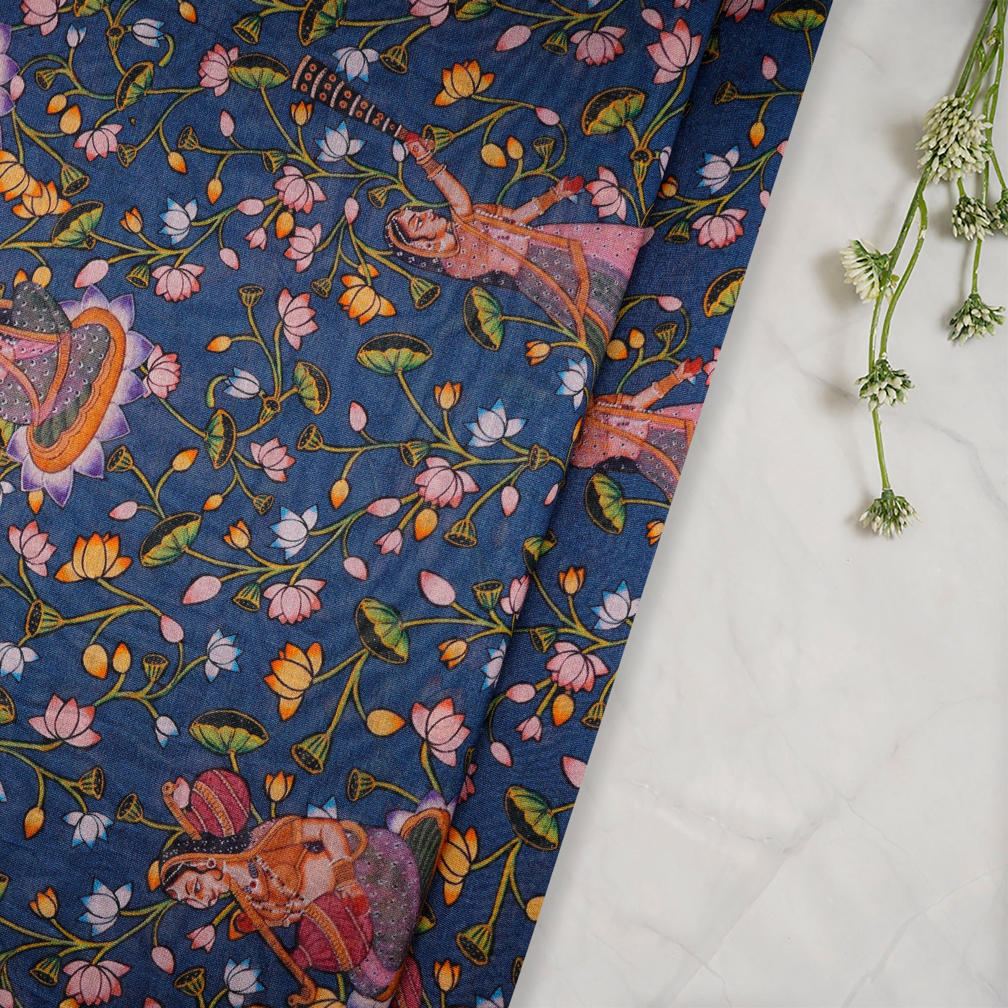 Navy Blue Traditional Pattern Digital Print Chanderi Fabric