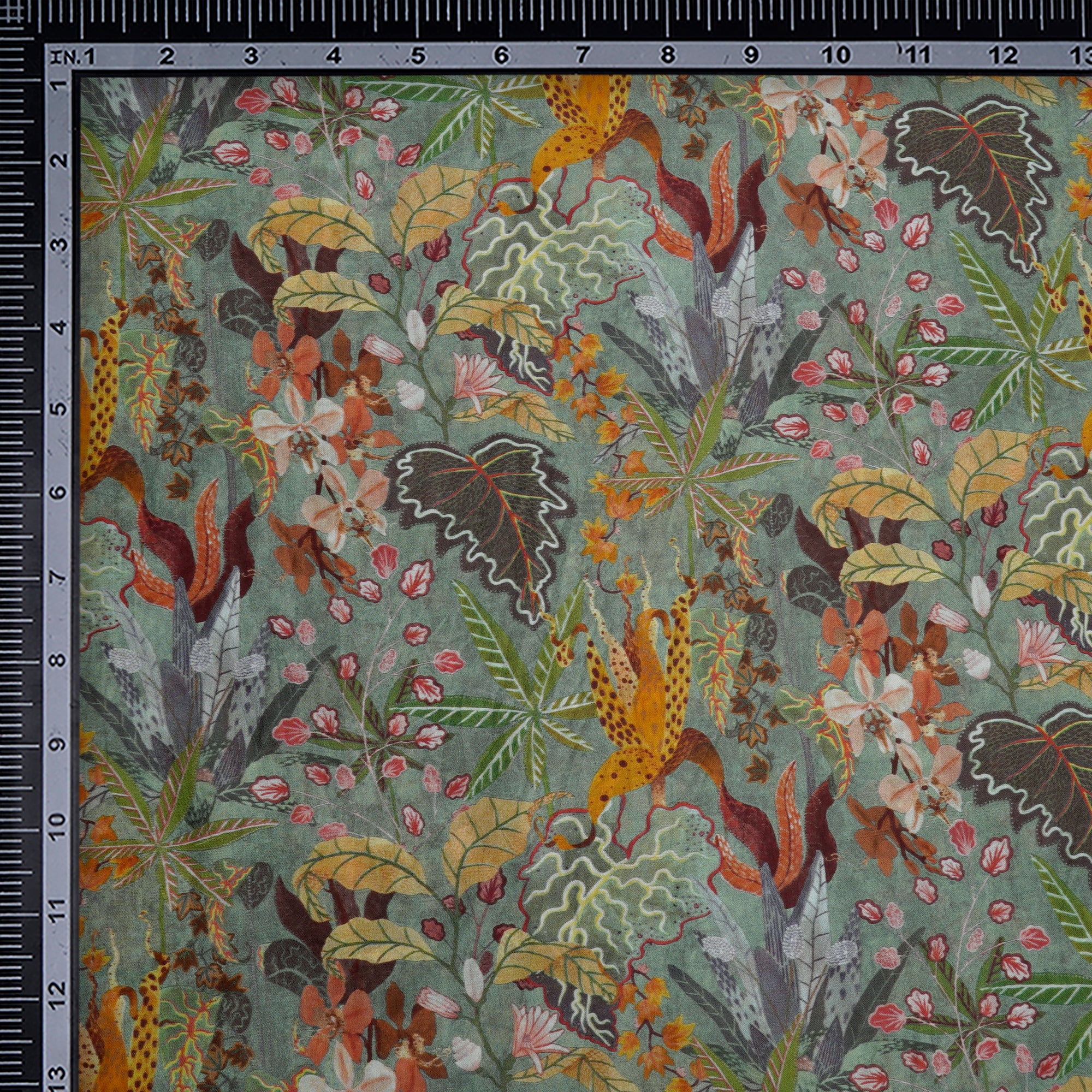 Light Grass Green Tropical Pattern Digital Print Plain Silk Fabric