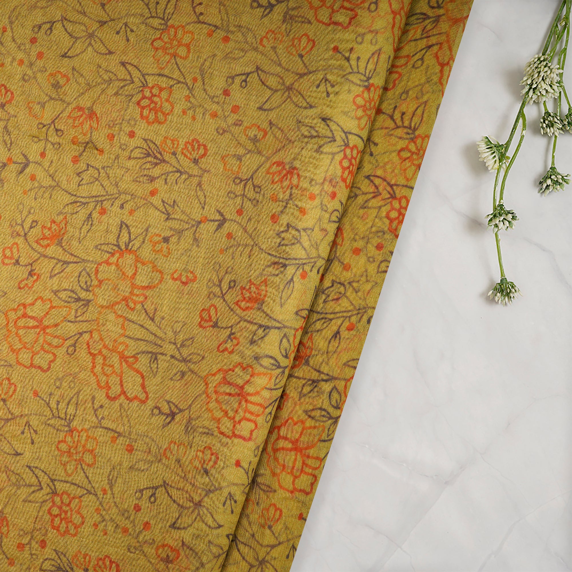 Mustard Floral Pattern Digital Print Chanderi Fabric