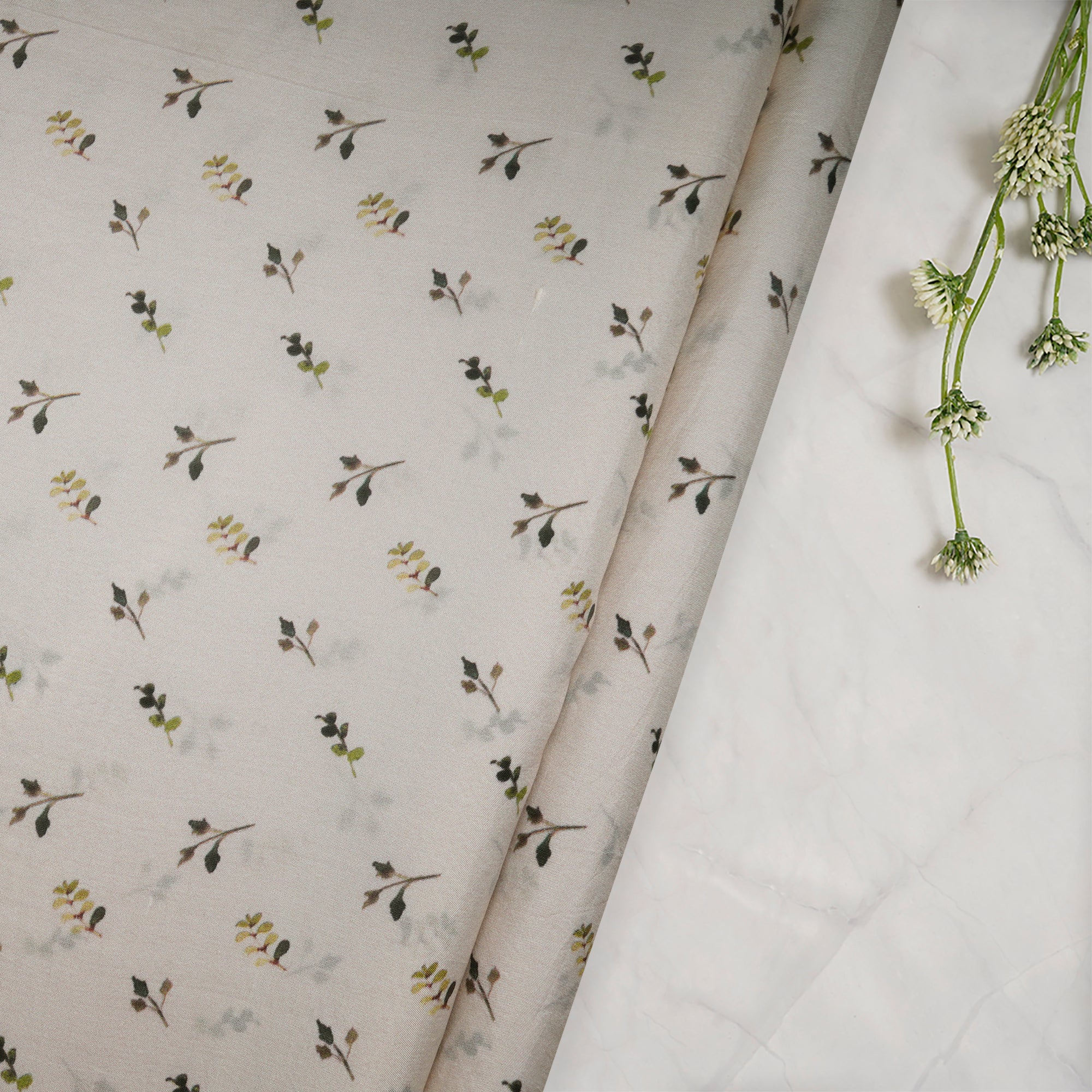 Off-White Leaf Pattern Digital Print Plain Silk Fabric