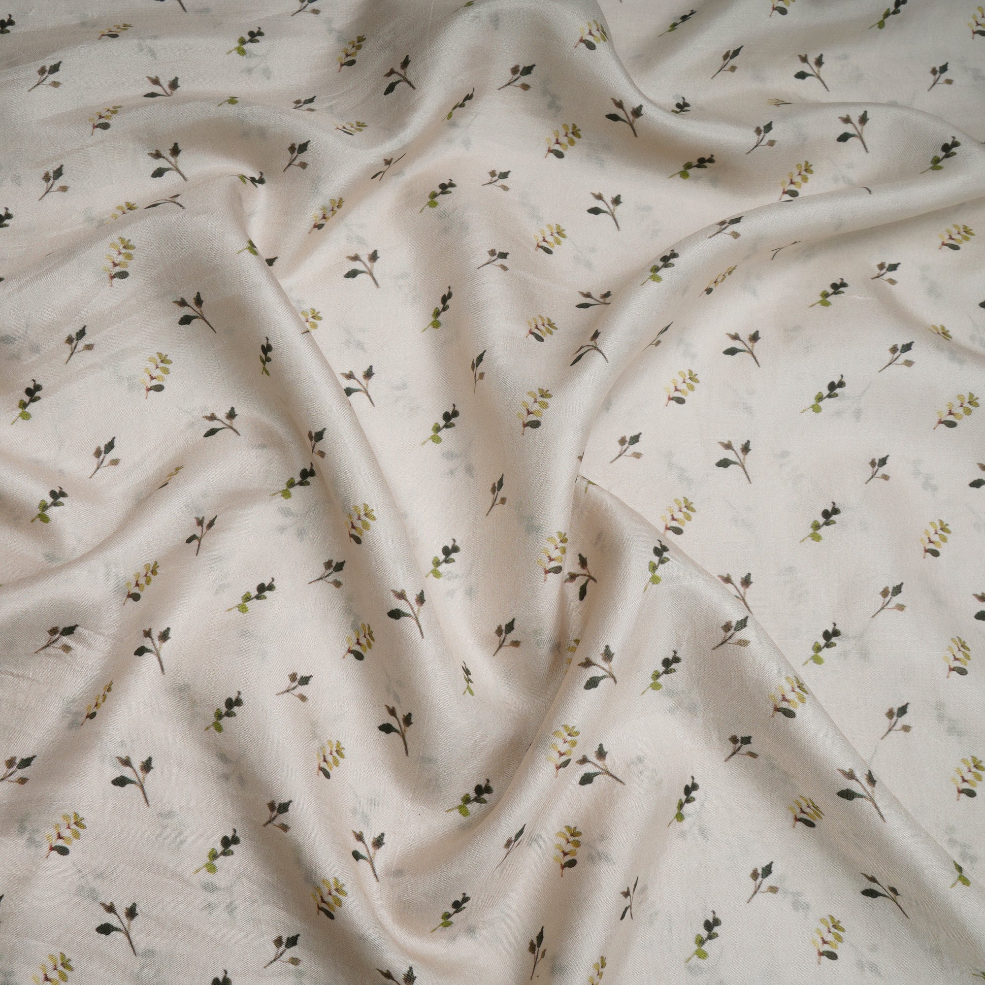 Off-White Leaf Pattern Digital Print Plain Silk Fabric