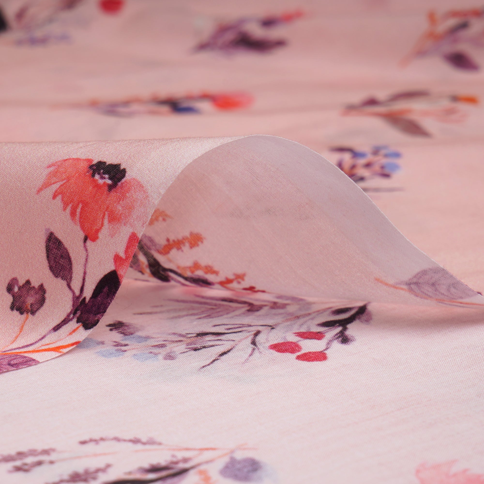 Powder Pink Floral Pattern Digital Print Voile Cotton Fabric
