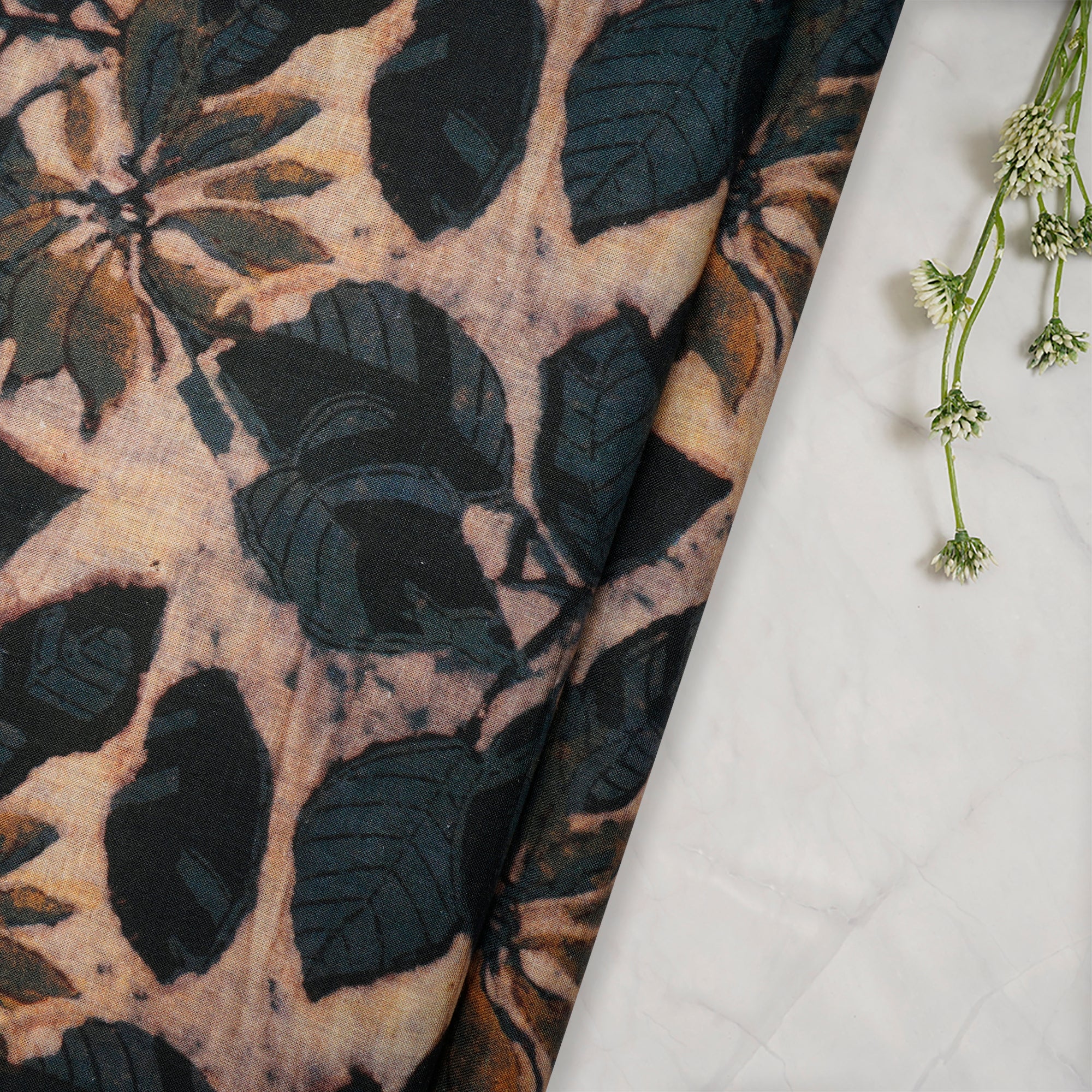 Brown-Black Floral Pattern Digital Print Pure Linen Fabric
