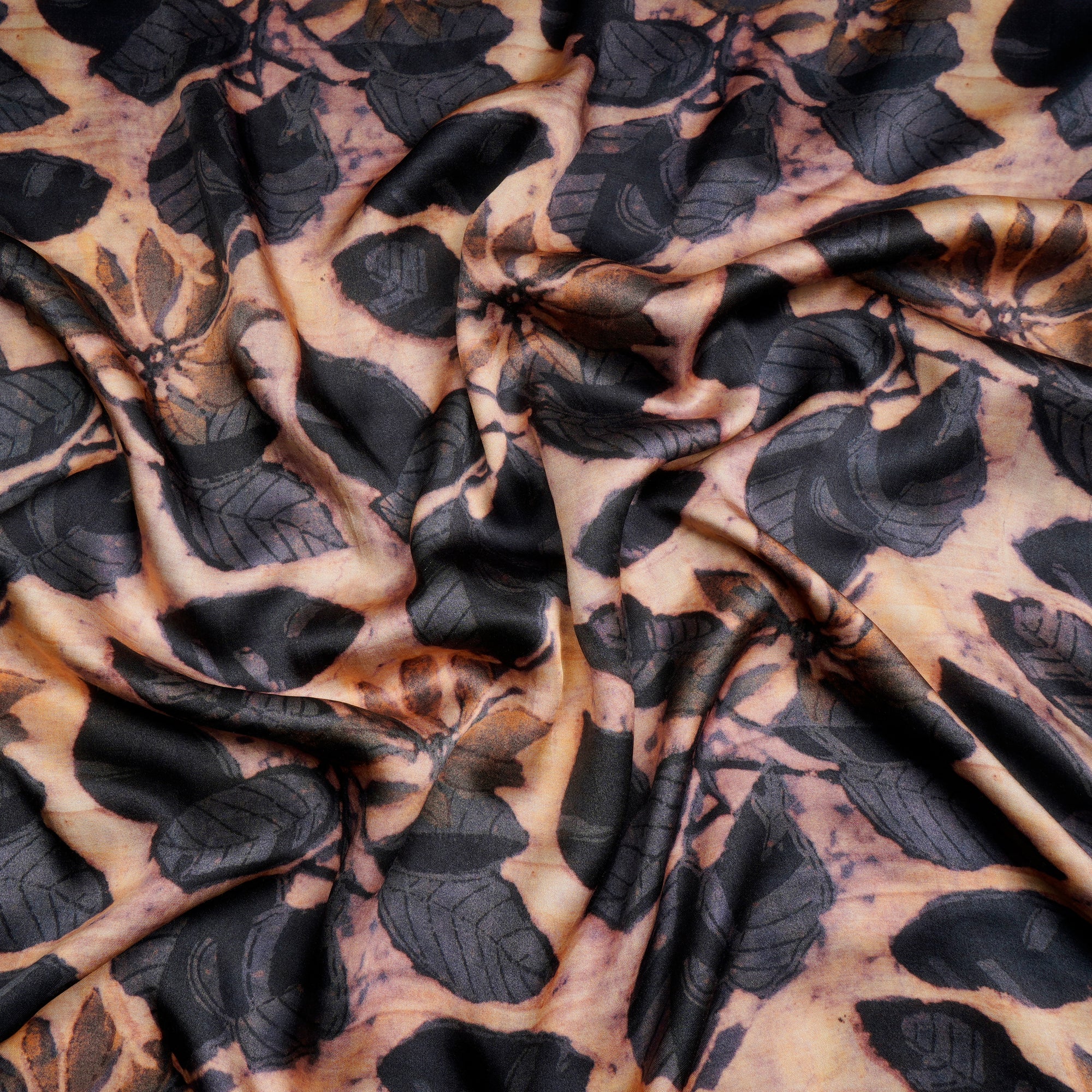 Beige Leaf Pattern Digital Print-Modal Satin Fabric