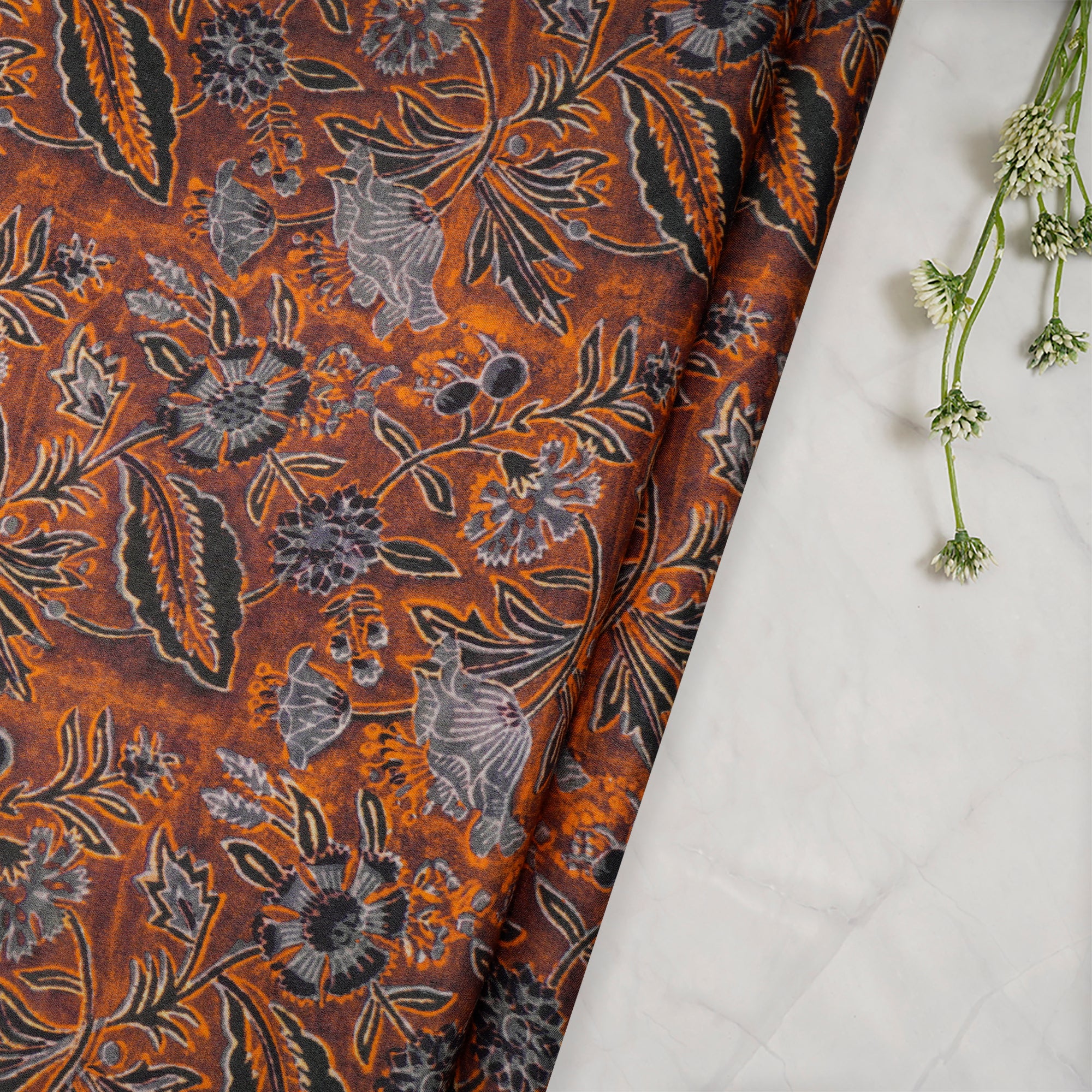 Rust Floral Pattern Digital Print Modal Satin Fabric