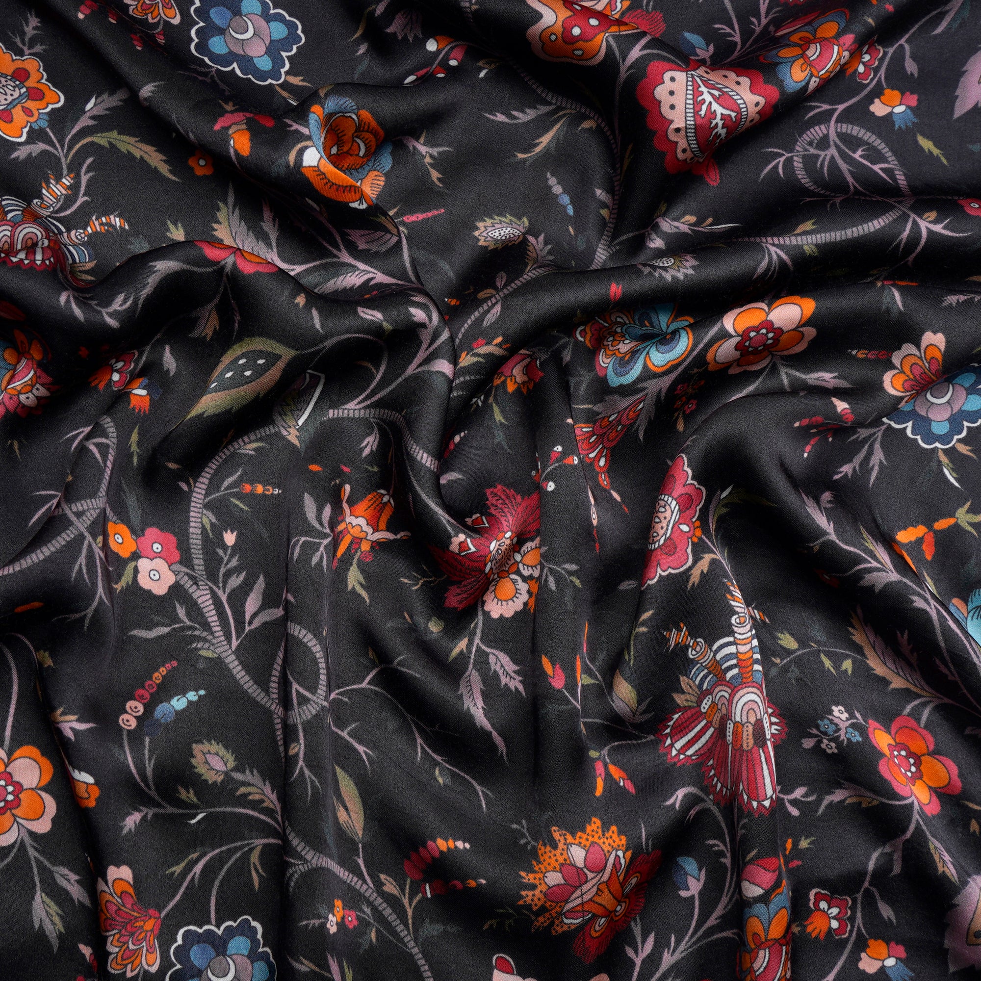 Black Sand Floral Pattern Digital Print Modal Satin Fabric