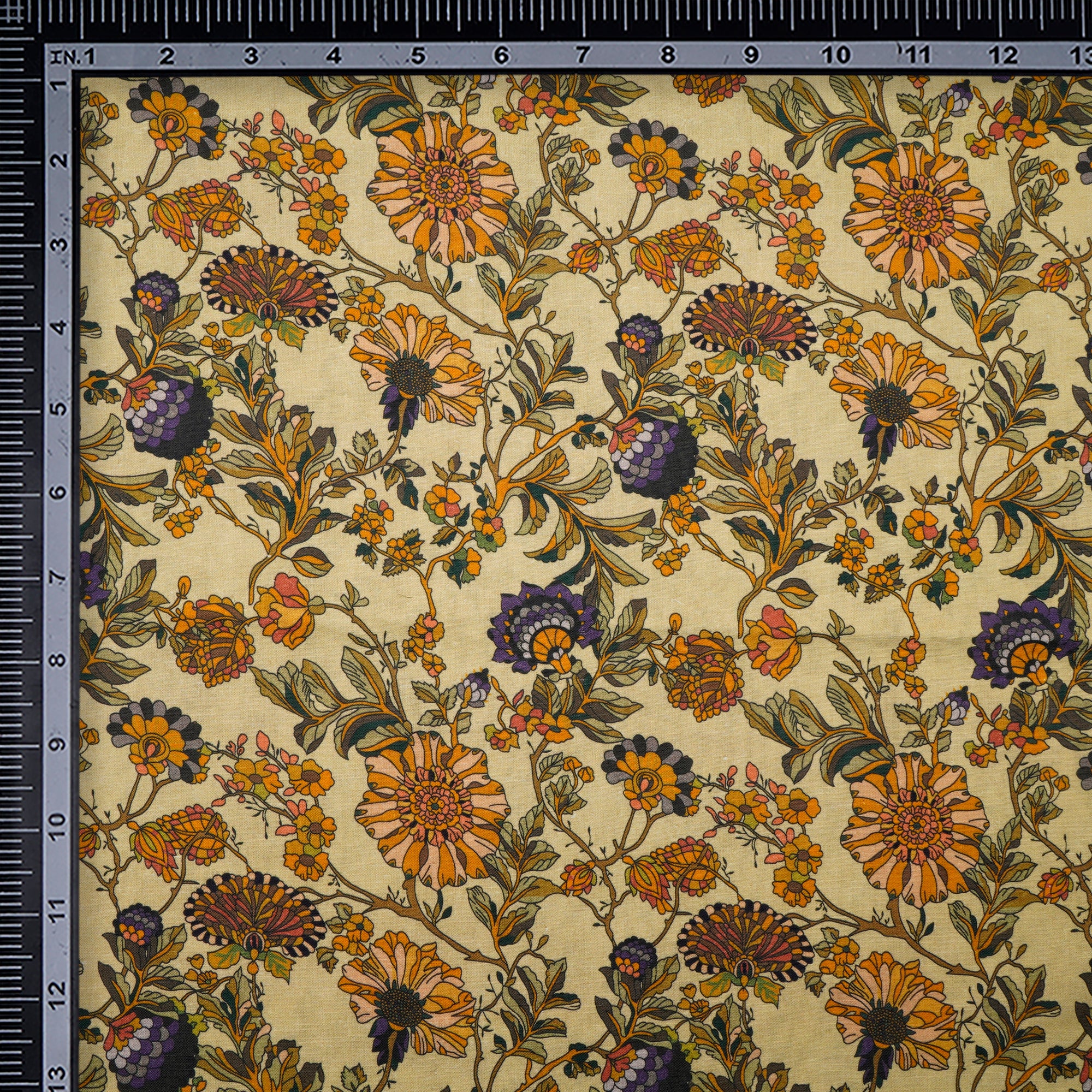 Light Yellow Floral Pattern Digital Print Flax Cotton Fabric