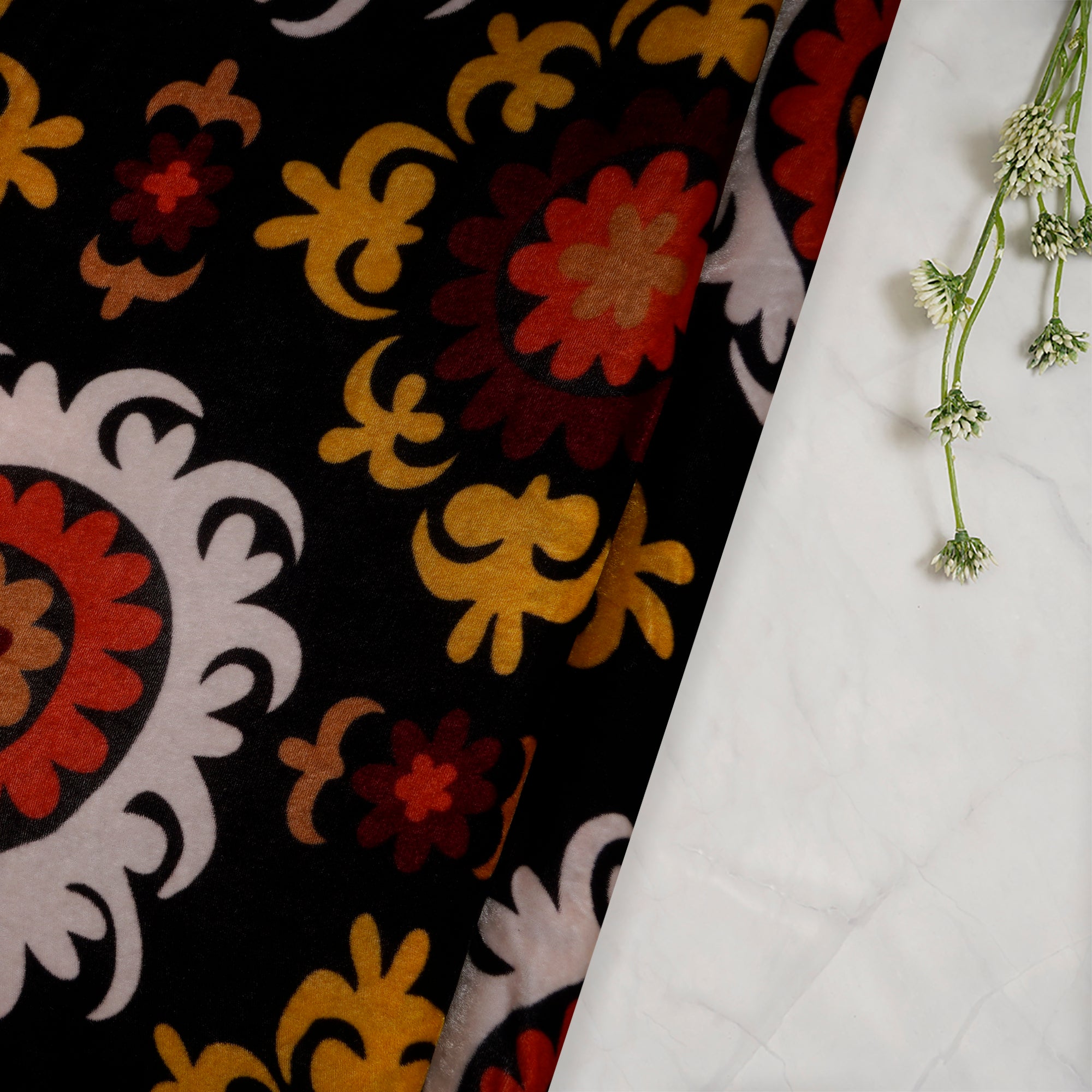 Black Floral Pattern Digital Print Silk Velvet Fabric
