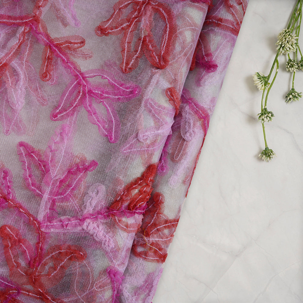 Off White-Pink Color Embroidered Nylon Net Fabric