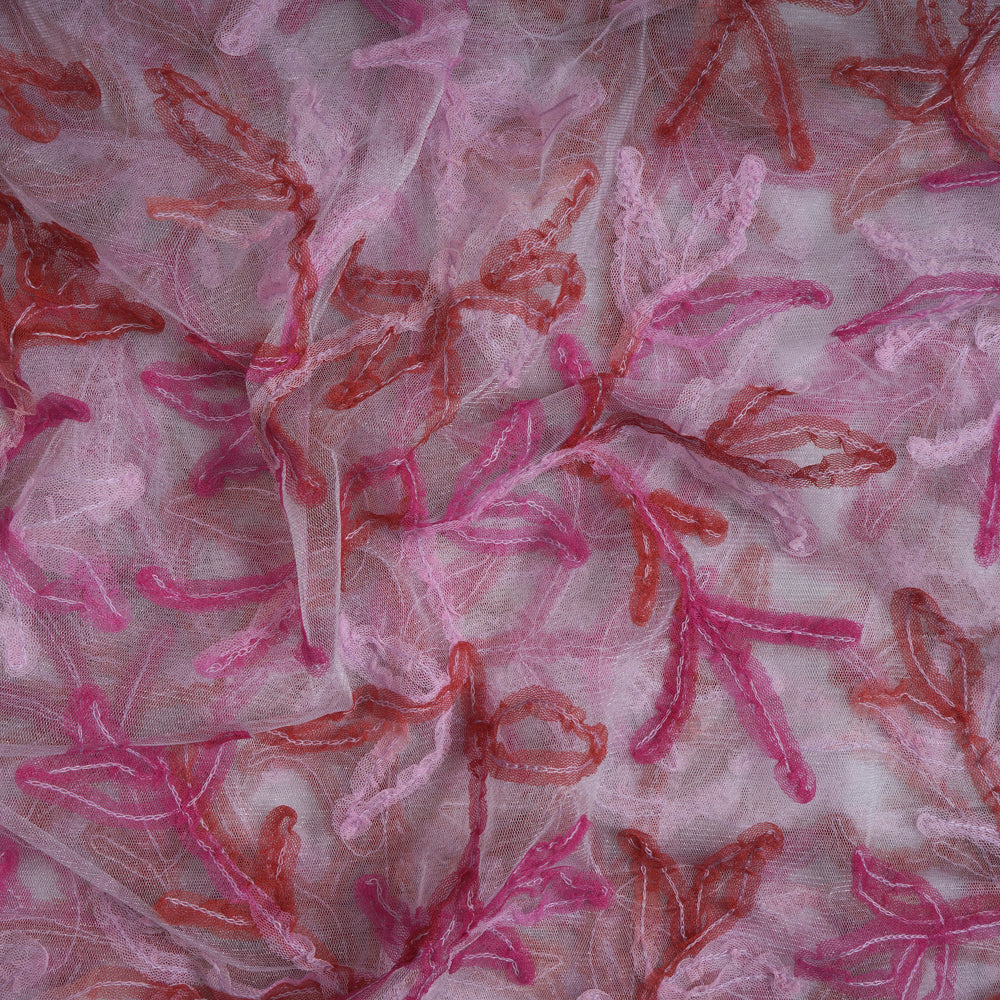 Off White-Pink Color Embroidered Nylon Net Fabric