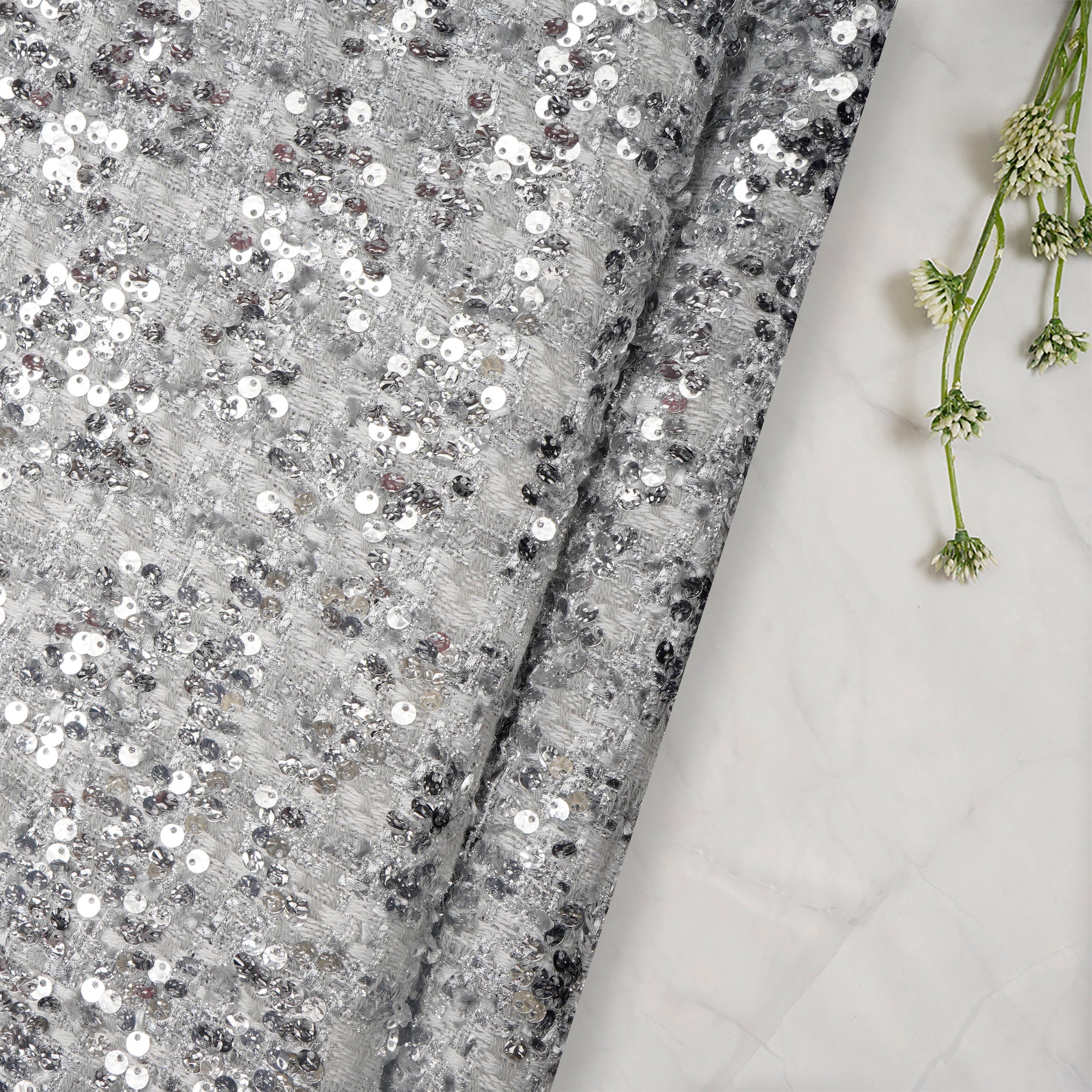 Silver Premium Sequins Tweed Fabric (60" Width)