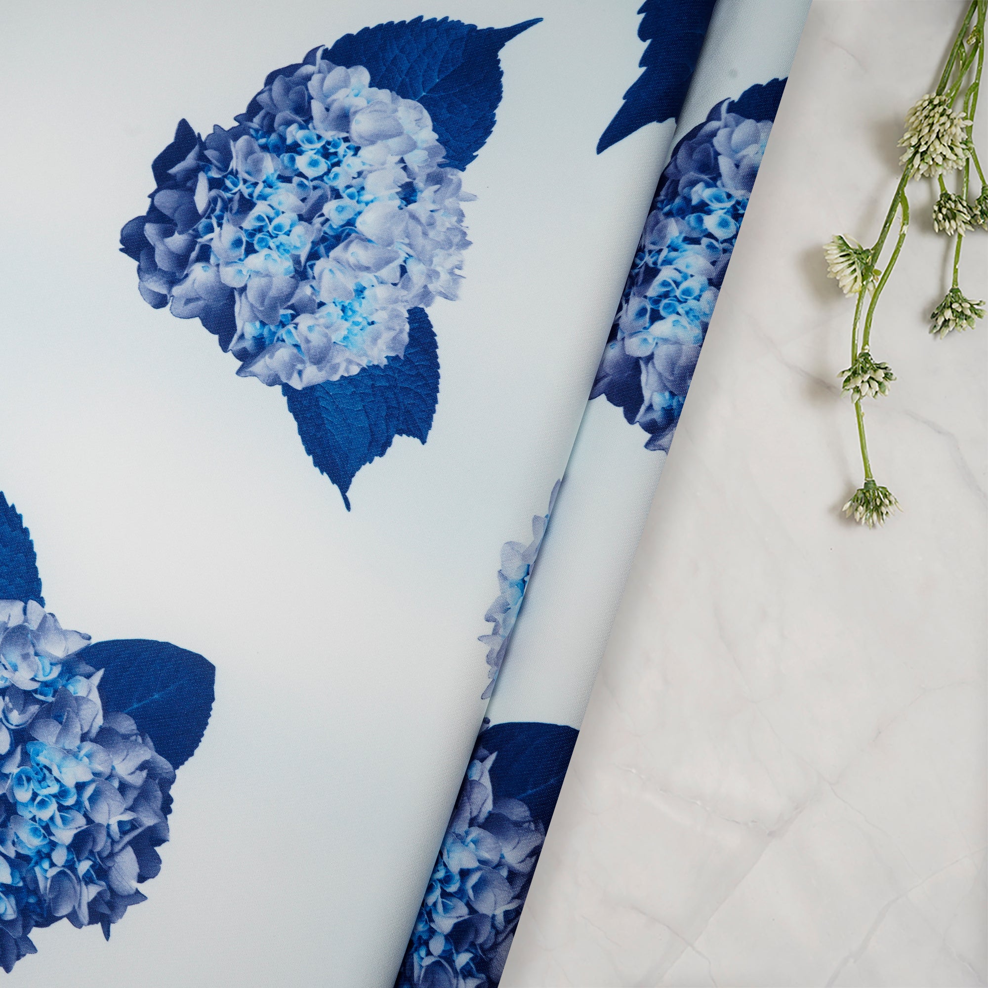 White-Blue Floral Pattern Imported Digital Printed Banana Crepe Fabric (60" Width)